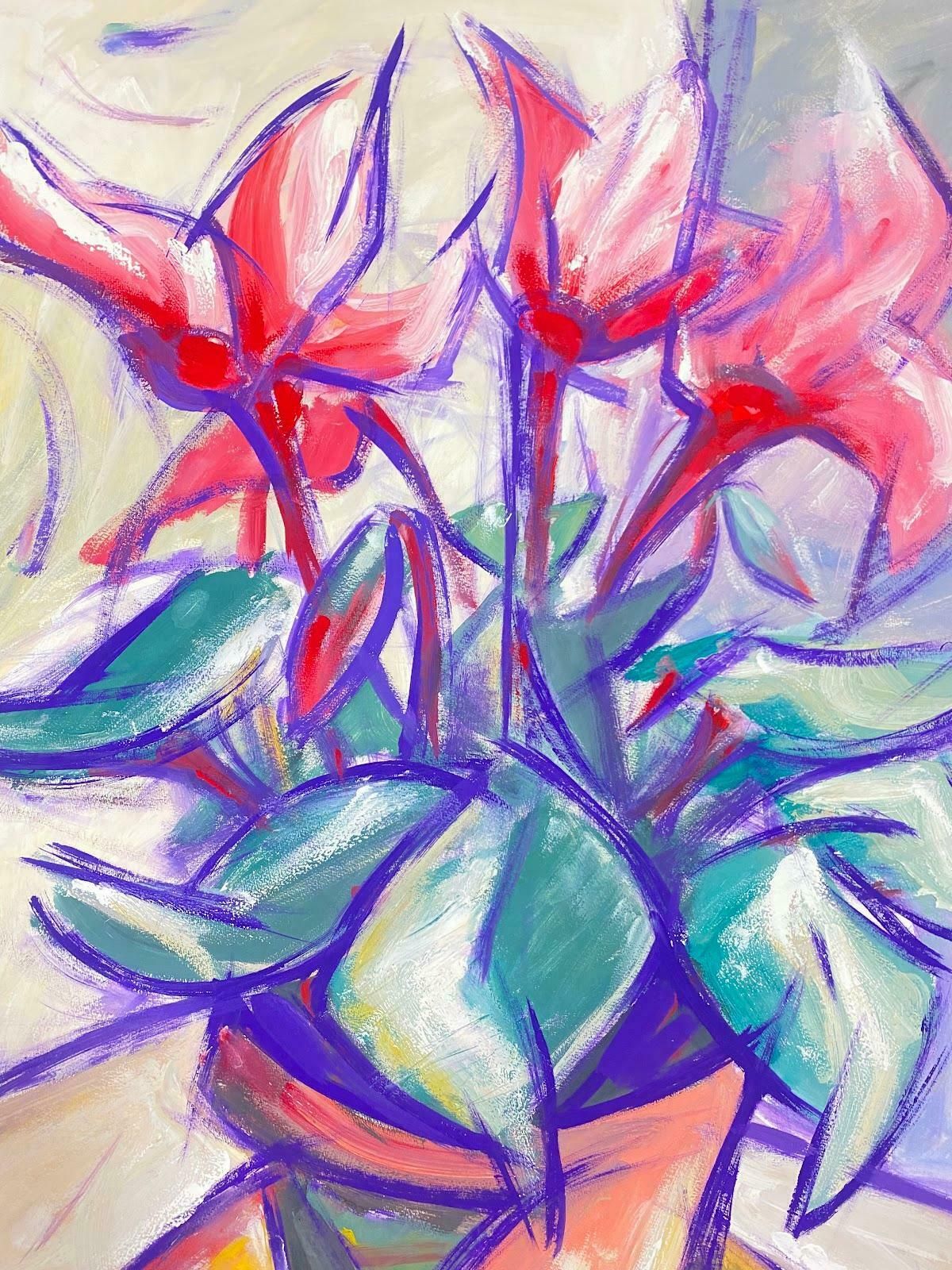 Paul Louis Bolot (French 1918 2003)20th Century French Modernist Floral Painting Of Pink Explosive Poinsettia20th Century (1976) photo furniture