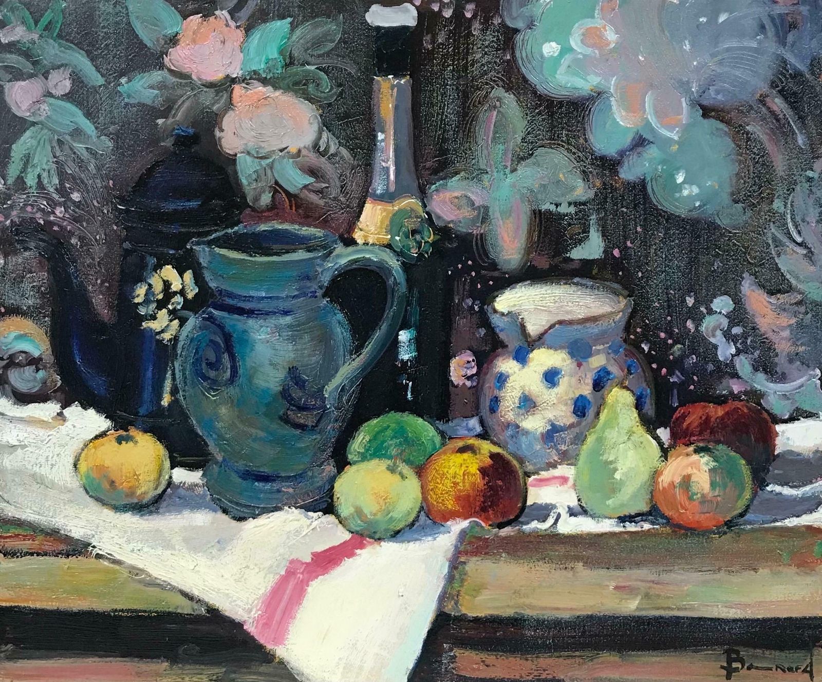 Guy Benardsuperb French Post Impressionist Signed Oil Still Life Fruit & Champagne