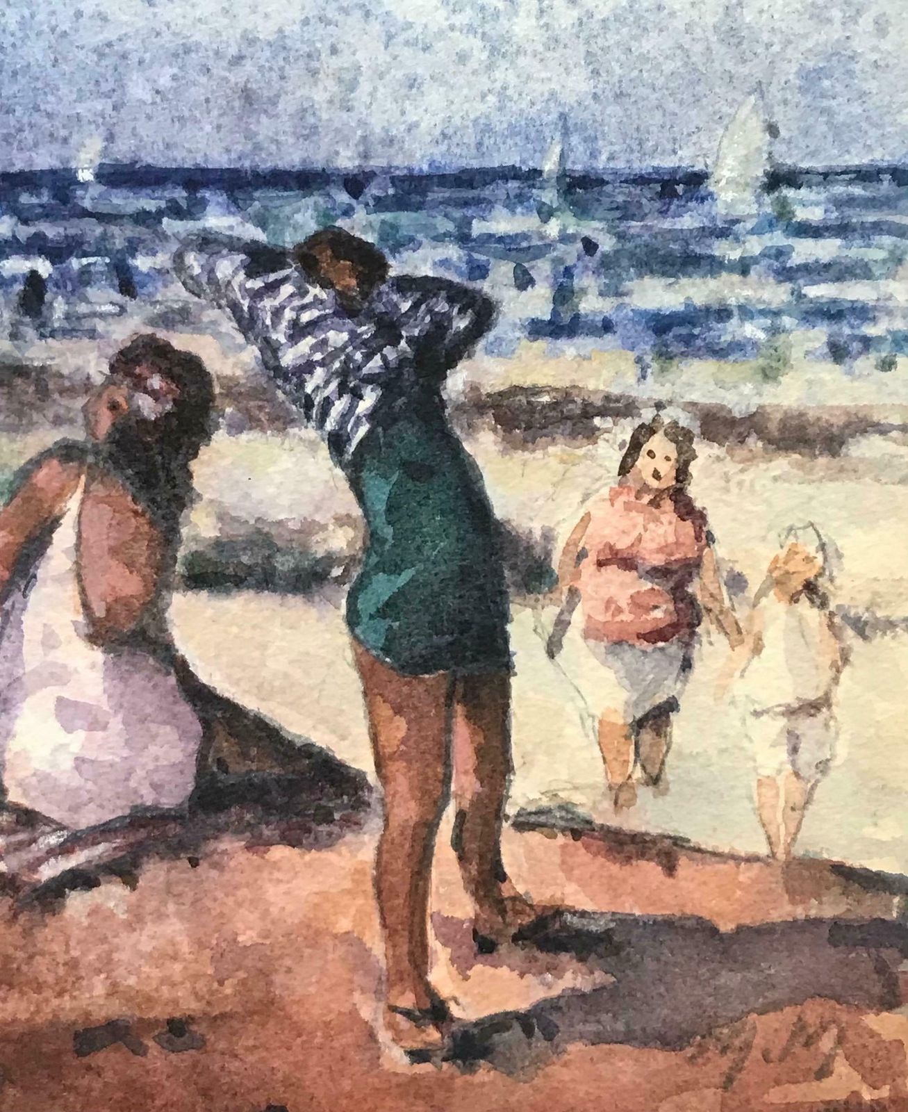 Maurice Mazeiliemaurice Mazeilie French Impressionist Watercolour  Sunbathing Scene At The Beach photo for sale