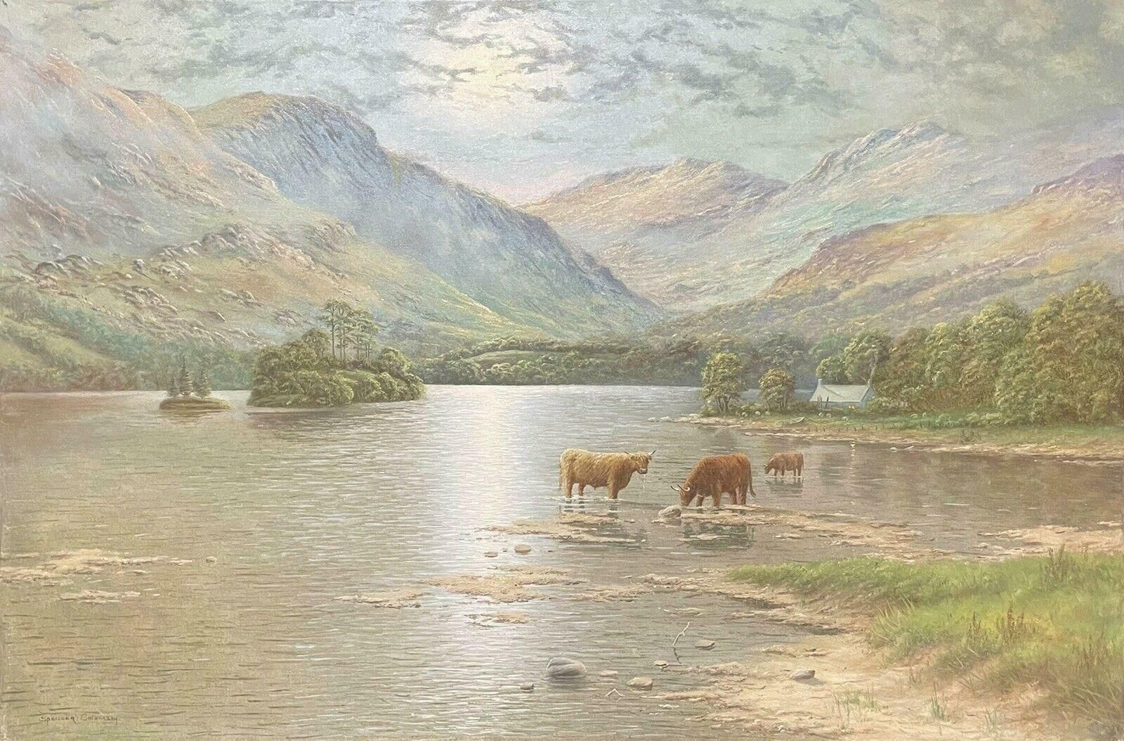 Spencer Colemanscottish Highlands Loch Scene With Cattle Watering Fading Sunset Light   Signedc. 1980's