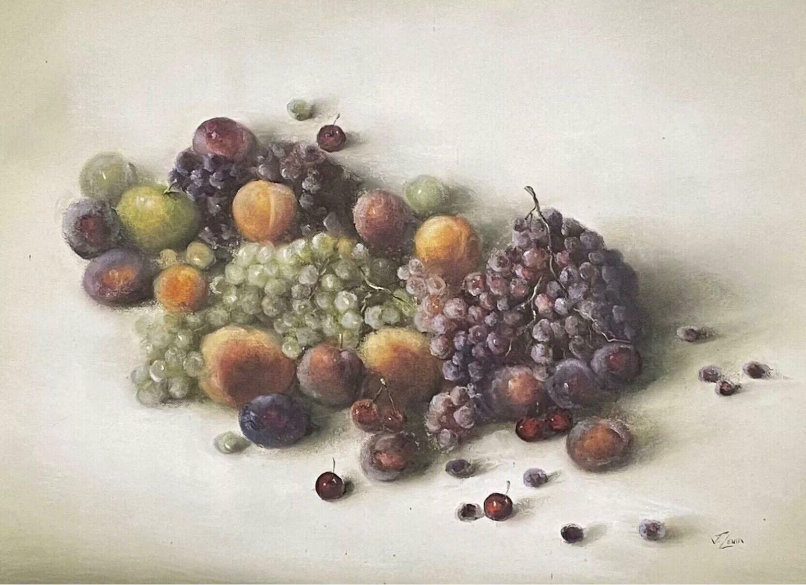 J. Lewinlarge Signed Oil Still Life Fruit   Opulent Display Grapes Peaches Cherriesc. 1980's photo furniture