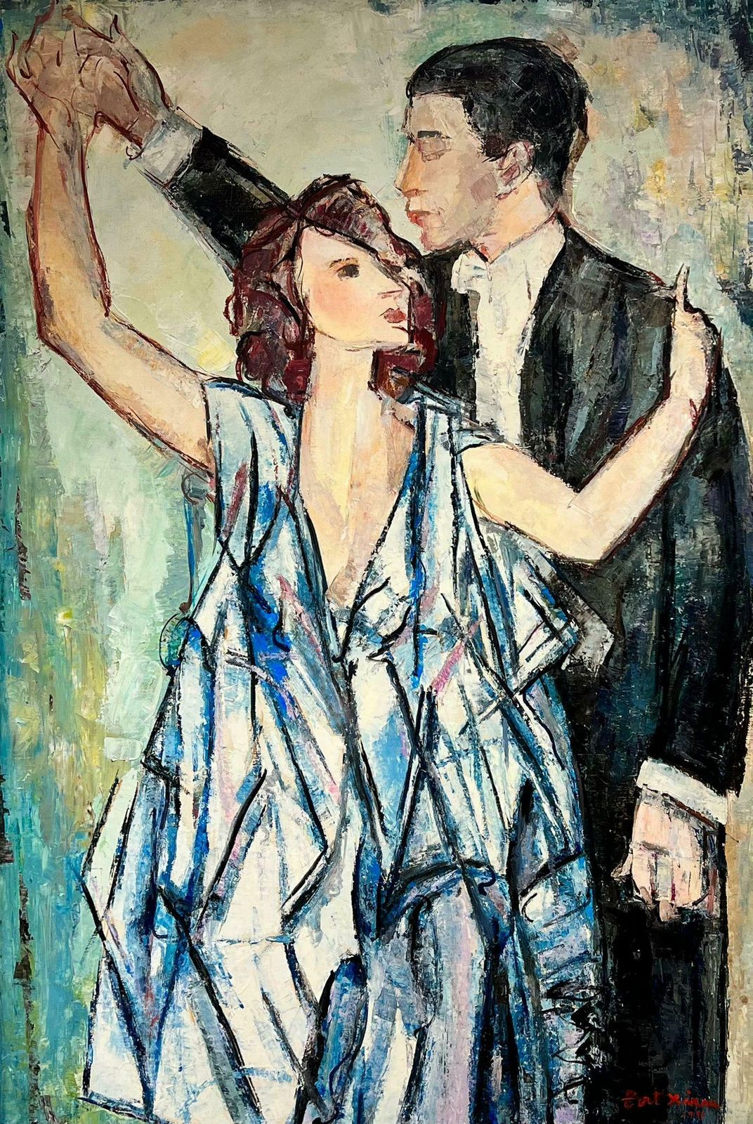 Maria Tort Xirauhuge Spanish/ French Oil Painting    Baby Blue Couple1991 photo Art