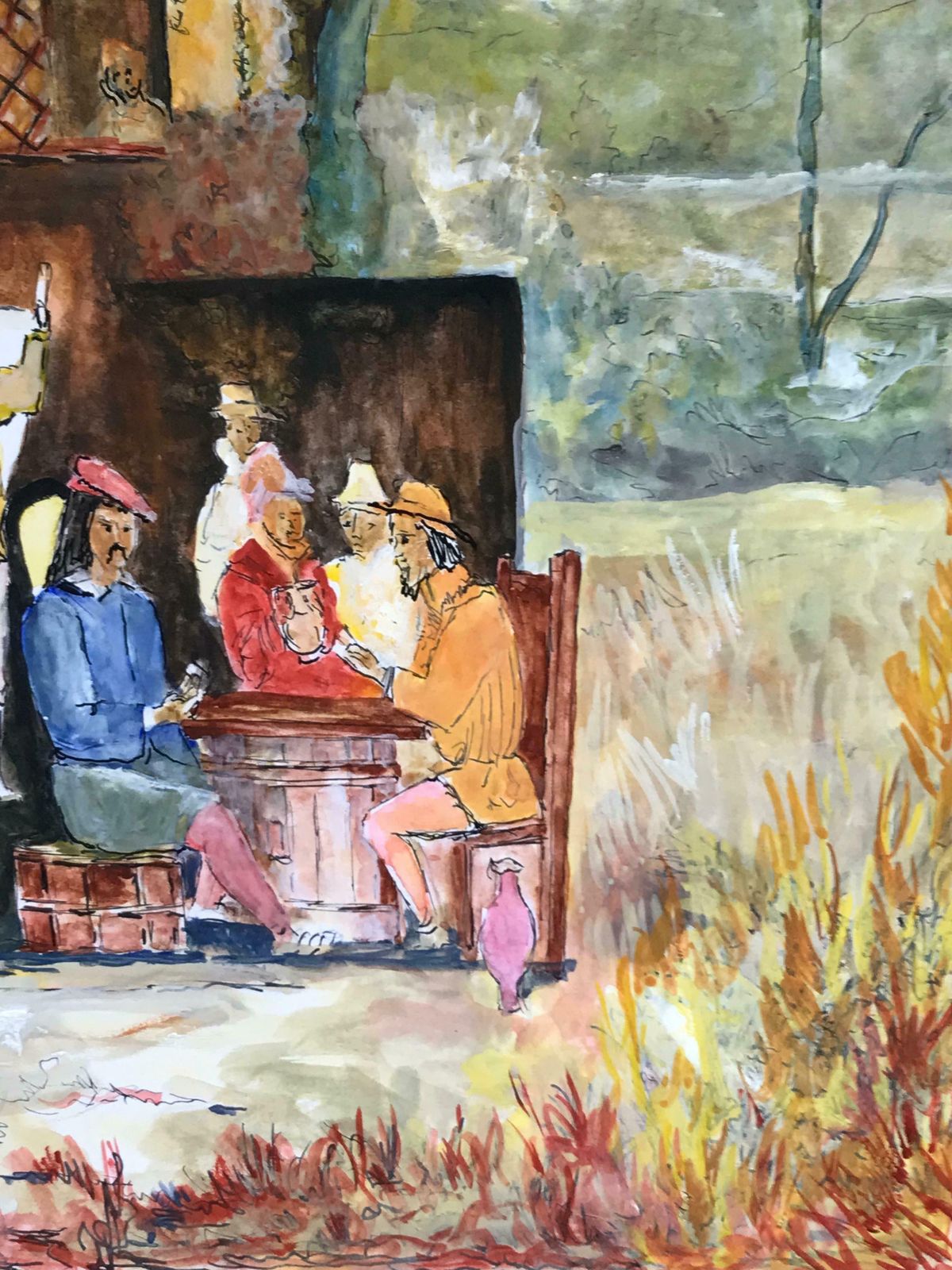 Bernard Labbe1950's Modernist/ Cubist Painting   Figures In The Forest Watercolour 1950's photo for sale