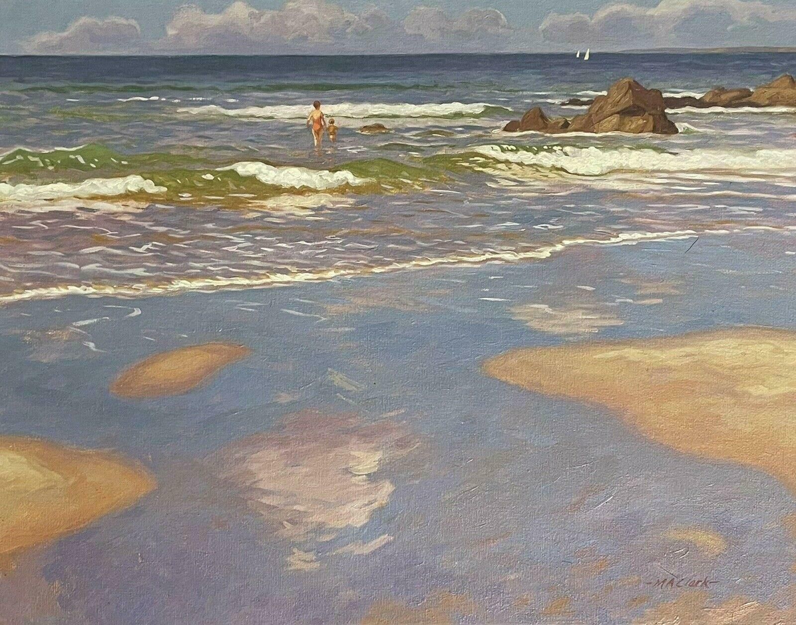 M. Clarkfine Modern British Signed Oil Painting   Children Playing In Surf On Beachcontemporary
