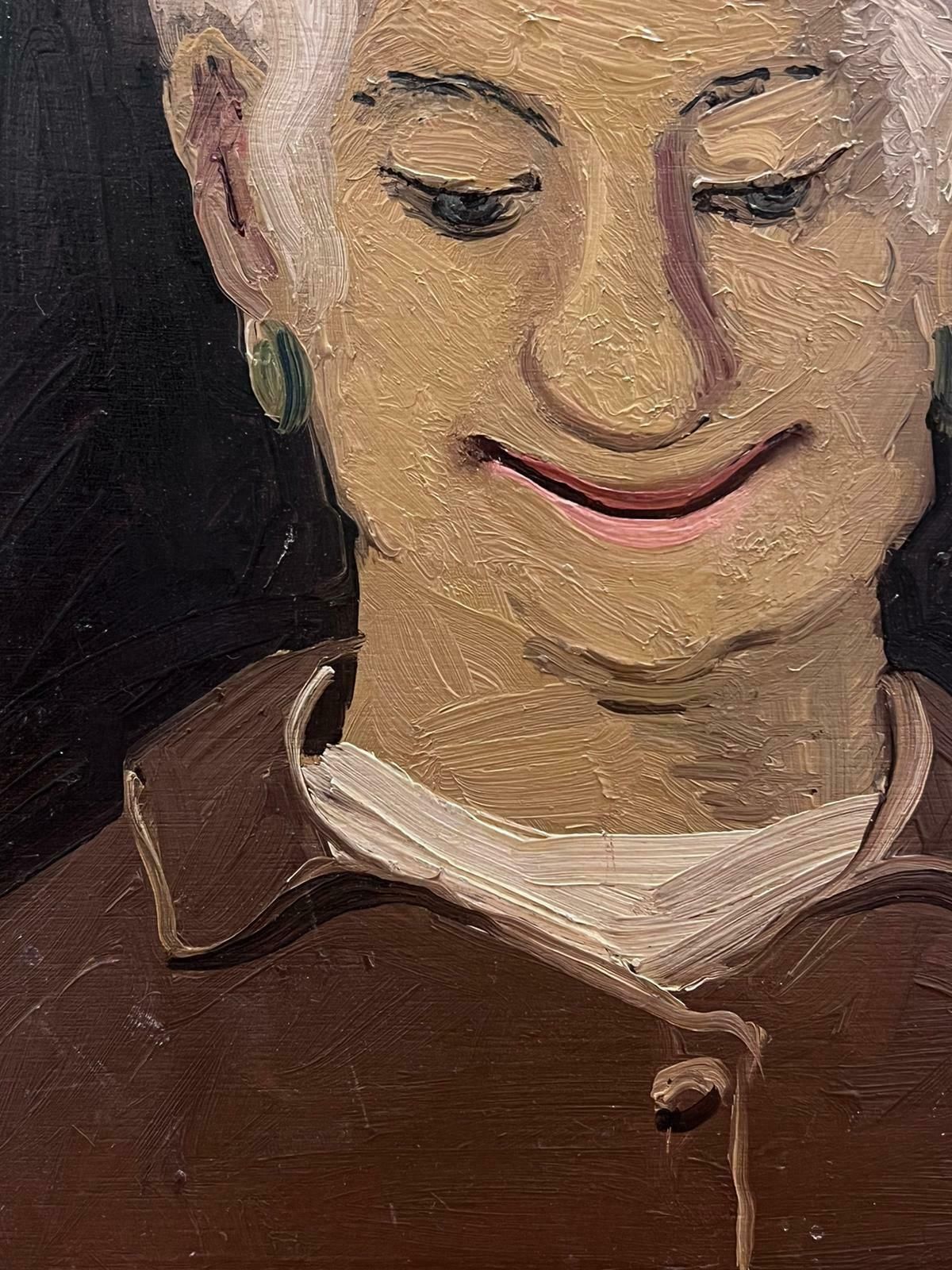 French School1960's French Modernist Oil Portrait Of Elderly Lady Smiling photo furniture