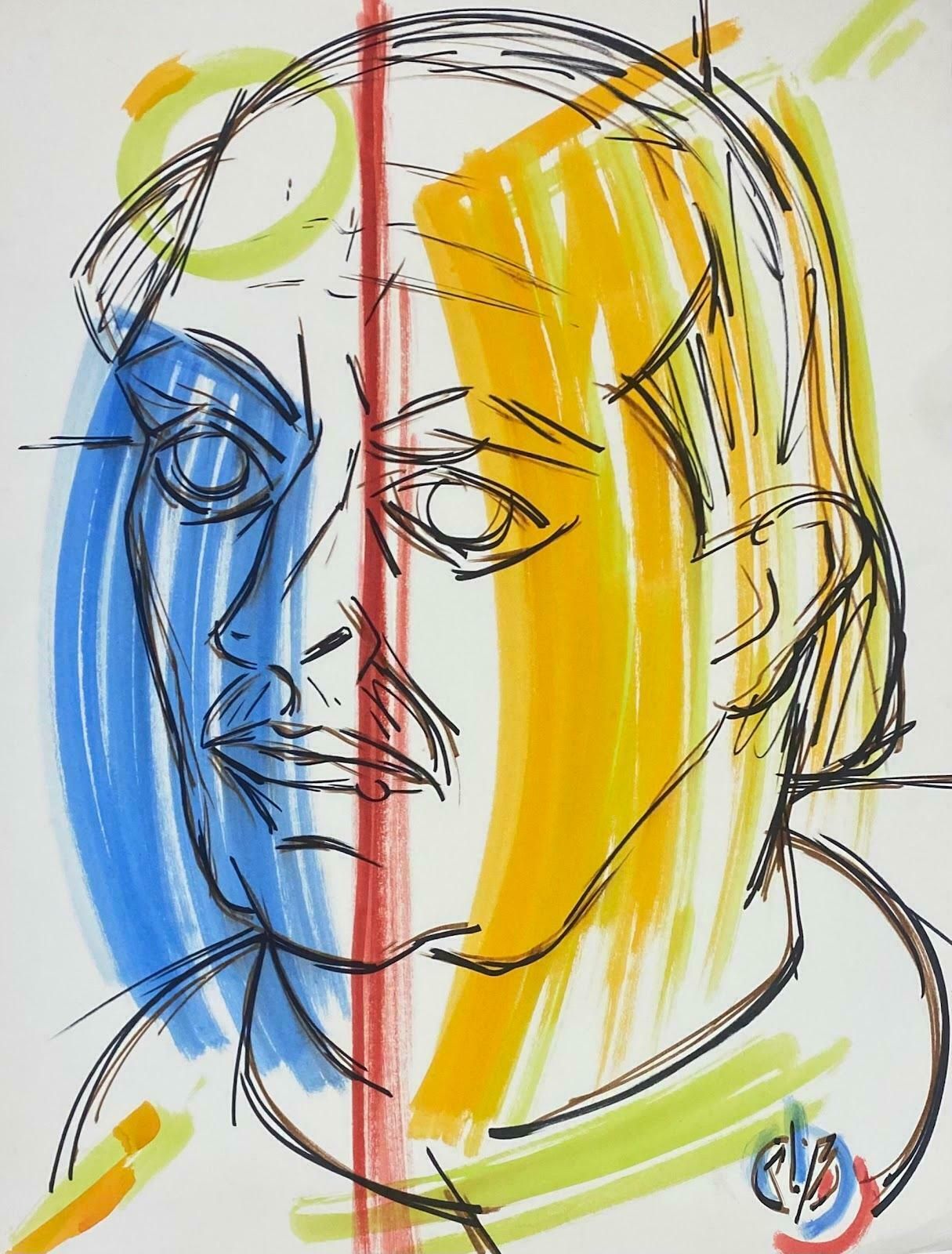 Unknown French Modernist Gouache Painting Orange And Blue Portrait Of Man Drawing1970