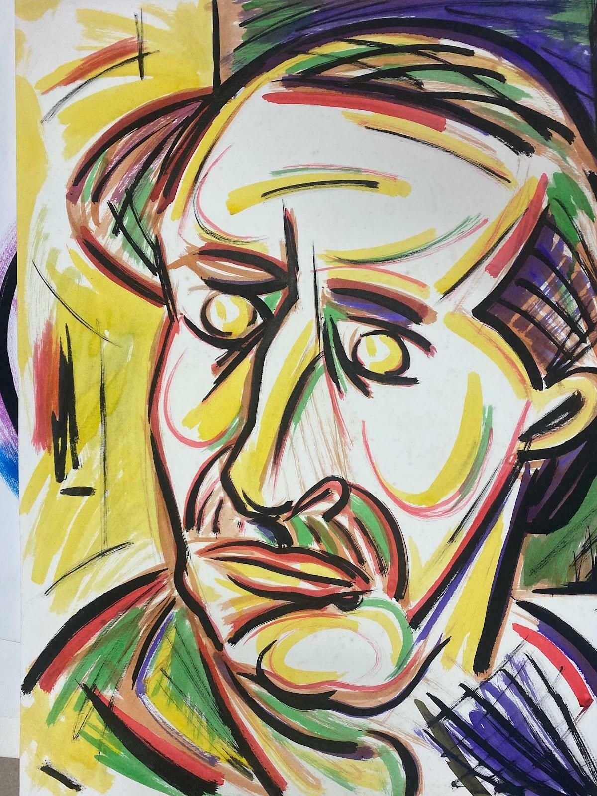 Unknown French Modernist Gouache Painting Portrait Of Elder Male With Vibrant Colors C. 1970 photo furniture