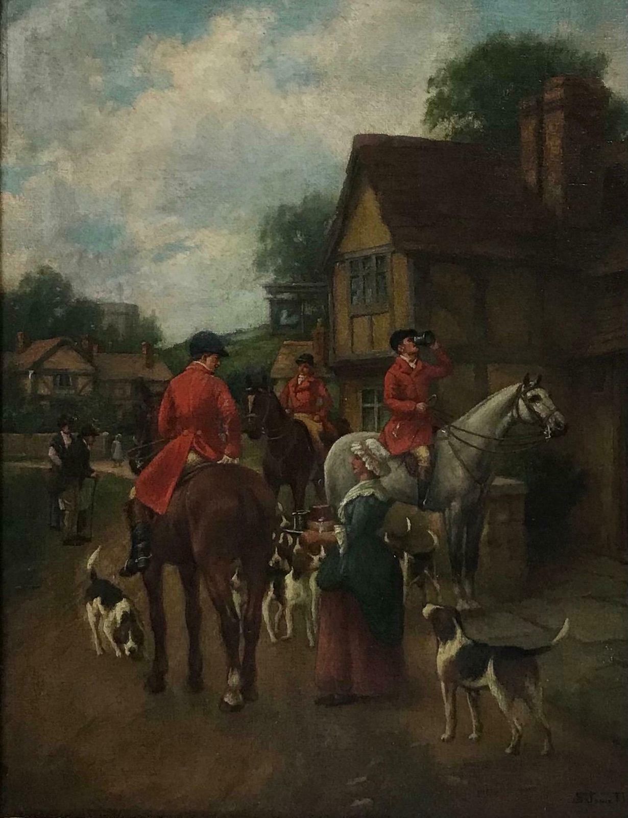 Singleton Jowett (1878–1927)fine Victorian Signed Oil Huntsman & Hounds Taking Refreshments Village Tavernc. 1900
