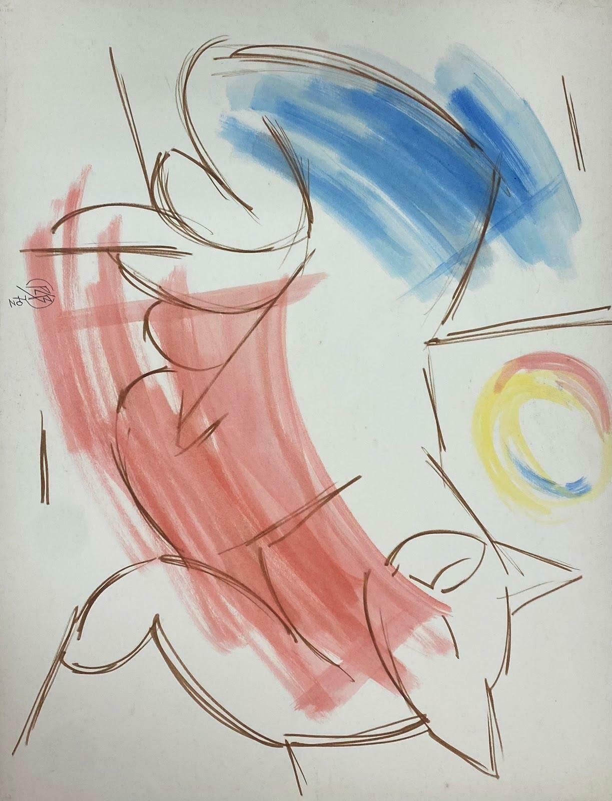 Unknown20th Century French Modernist Gouache Painting Distorted Figure With Yellow Hand1970 photo for sale