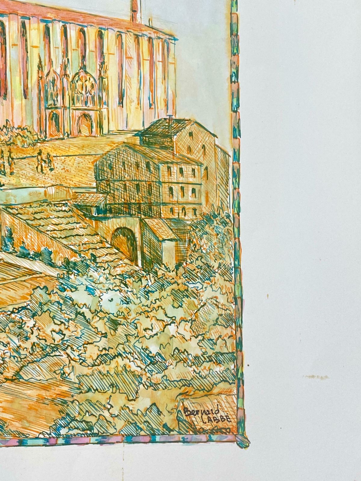 Bernard Labbe1950's Modernist/ Cubist Painting  Orange & Pink French Cathedral Landscape1950's photo Art