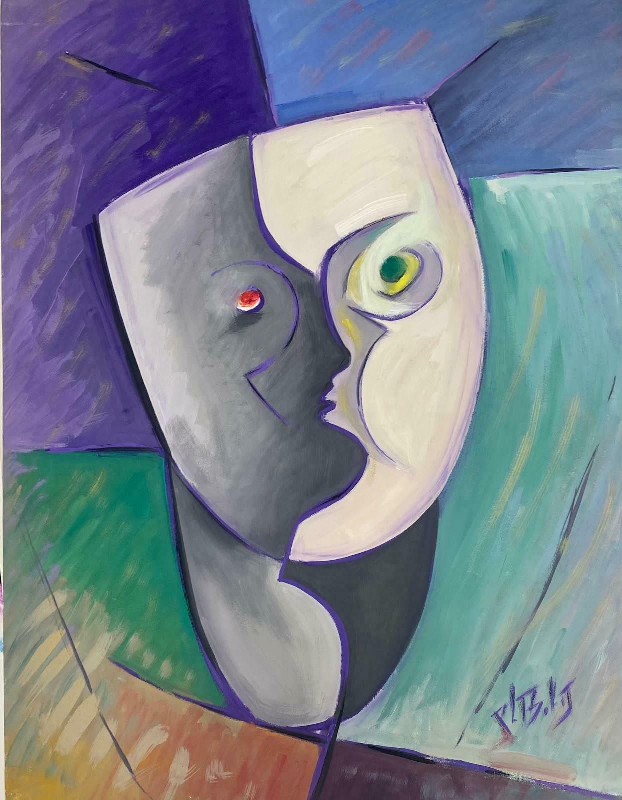 Paul Louis Bolot (French 1918 2003)1970's French Modernist Gouache Painting Two Contrasting Face Masques1975