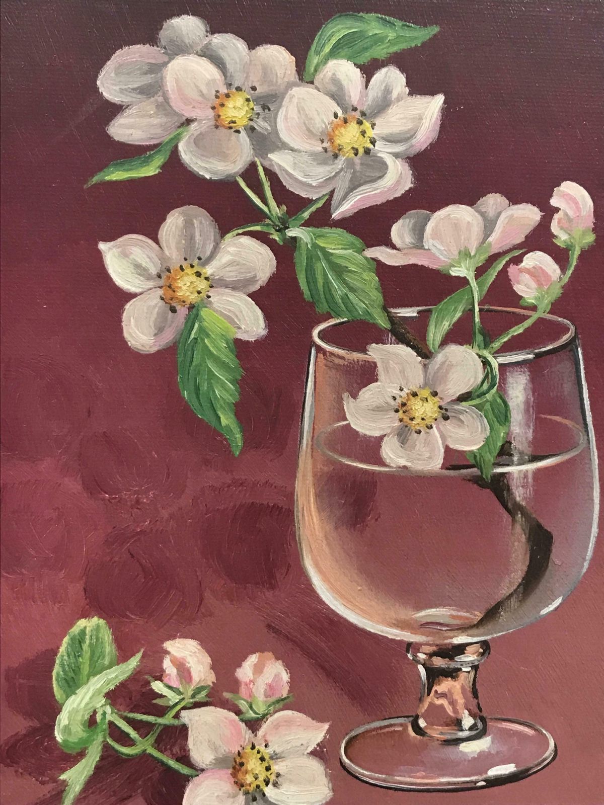 Italian Schoolitalian 20th Century Signed Oil Painting Blossom Twig In Glass Of Water