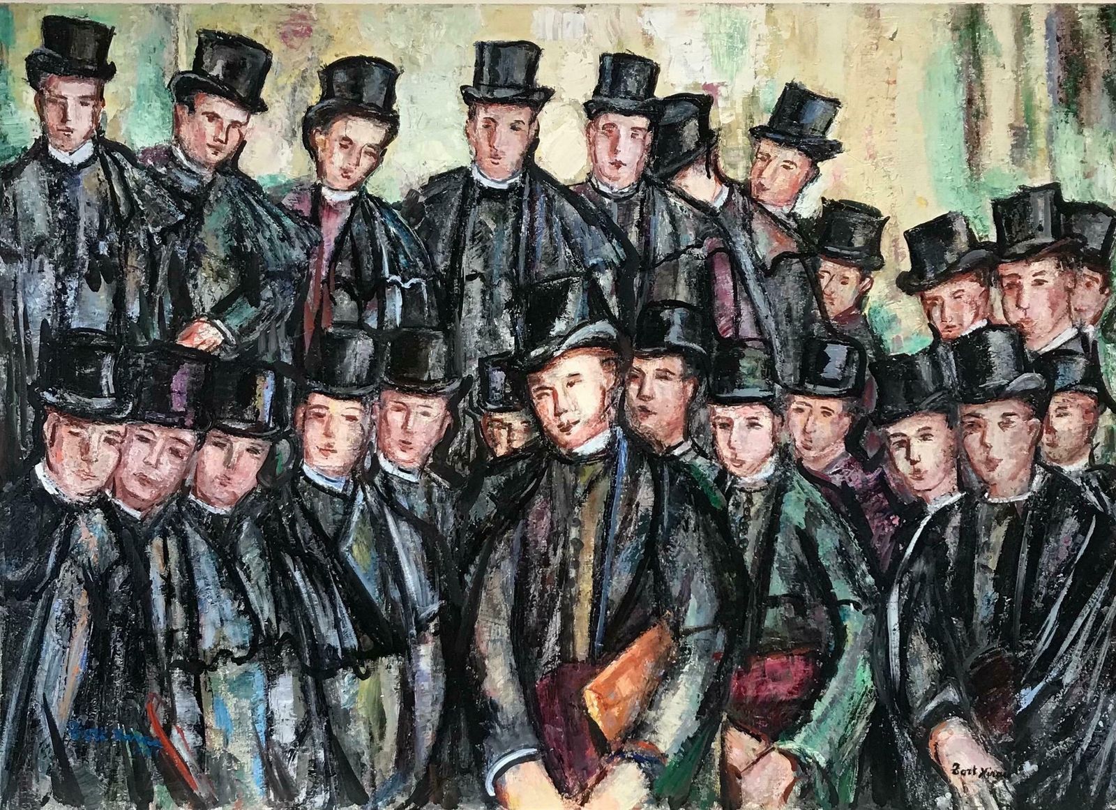 Maria Tort Xirauvictorian School Boys In Top Hats, Signed Original Huge Oil Painting
