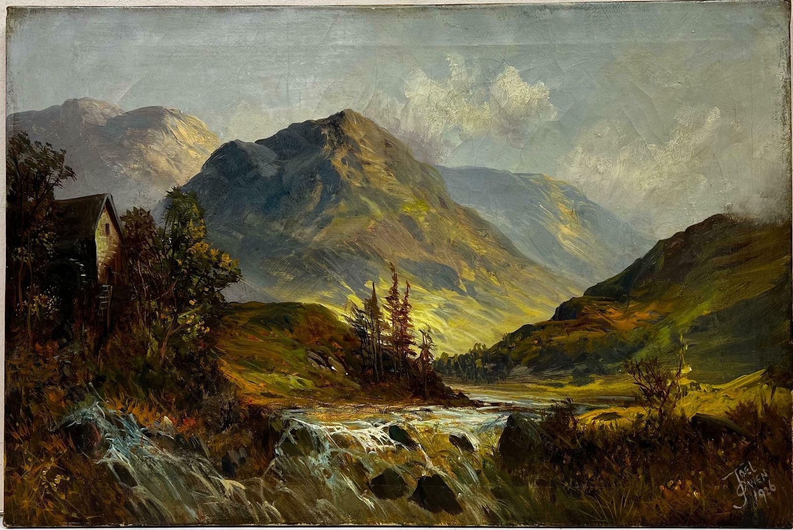 F. E. Jamiesonantique Scottish Highlands Landscape Signed Oil Painting River Through Glenc. 1920's photo furniture