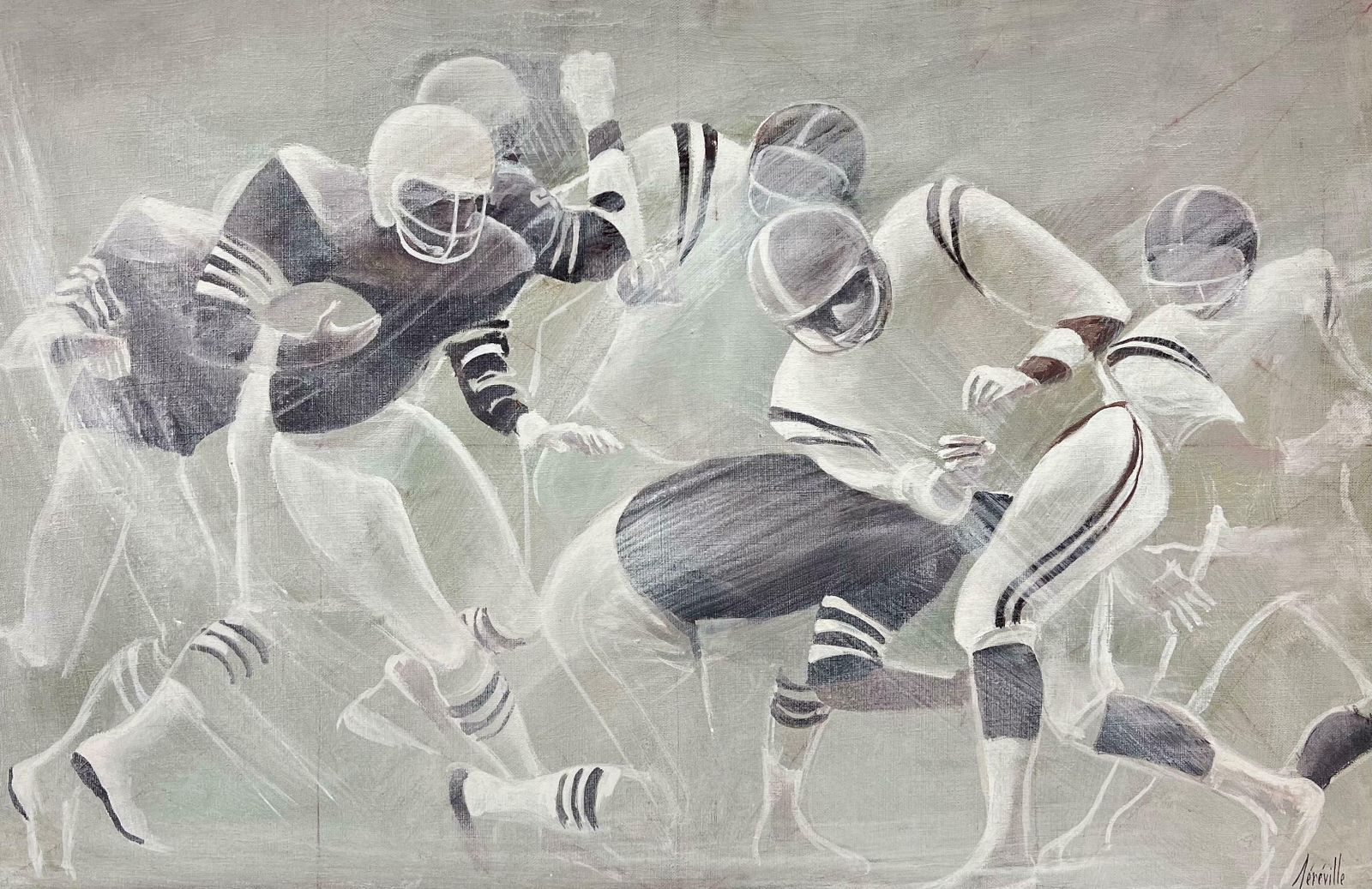 20th Century French Schoolamerican Soccer Game, Dramatic 20th Century Oil Painting, Signed 1980's Period