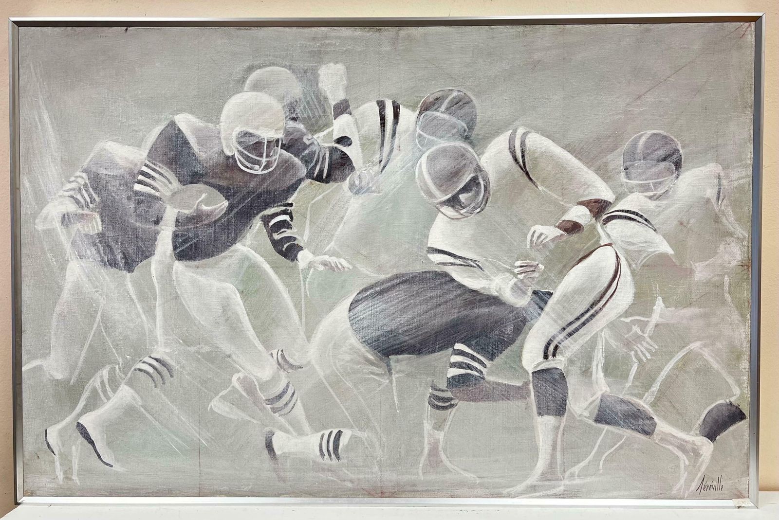20th Century French Schoolamerican Soccer Game, Dramatic 20th Century Oil Painting, Signed 1980's Period photo furniture