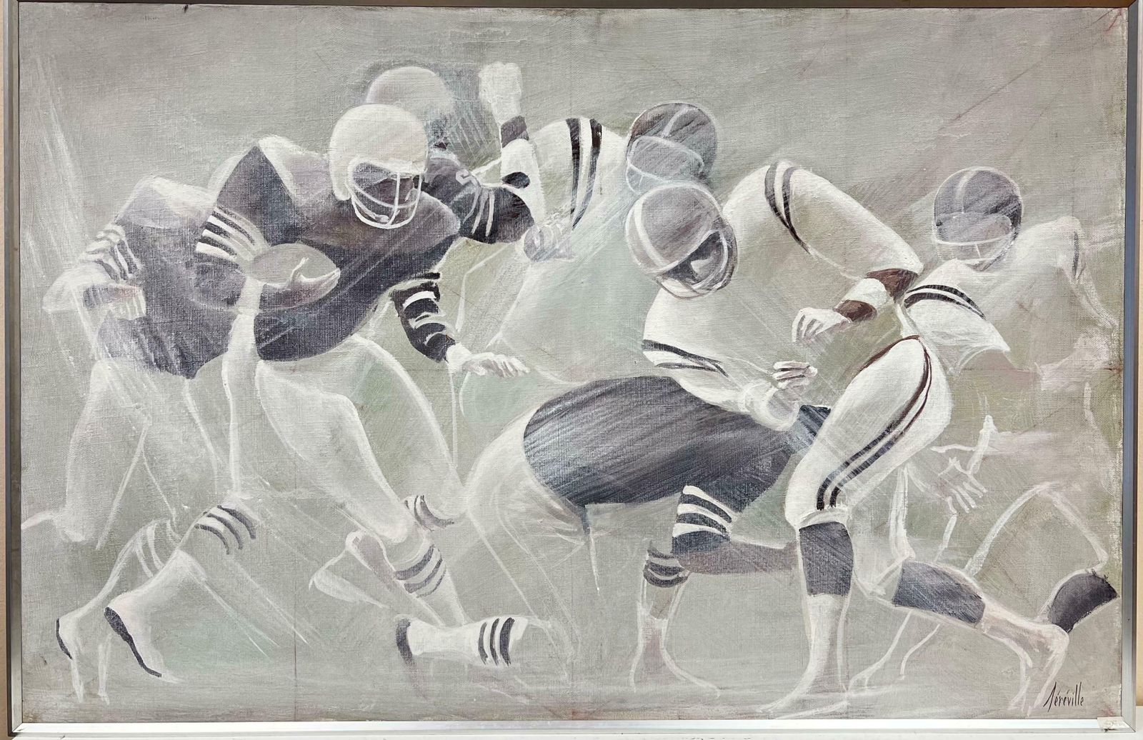 20th Century French Schoolamerican Soccer Game, Dramatic 20th Century Oil Painting, Signed 1980's Period photo for sale