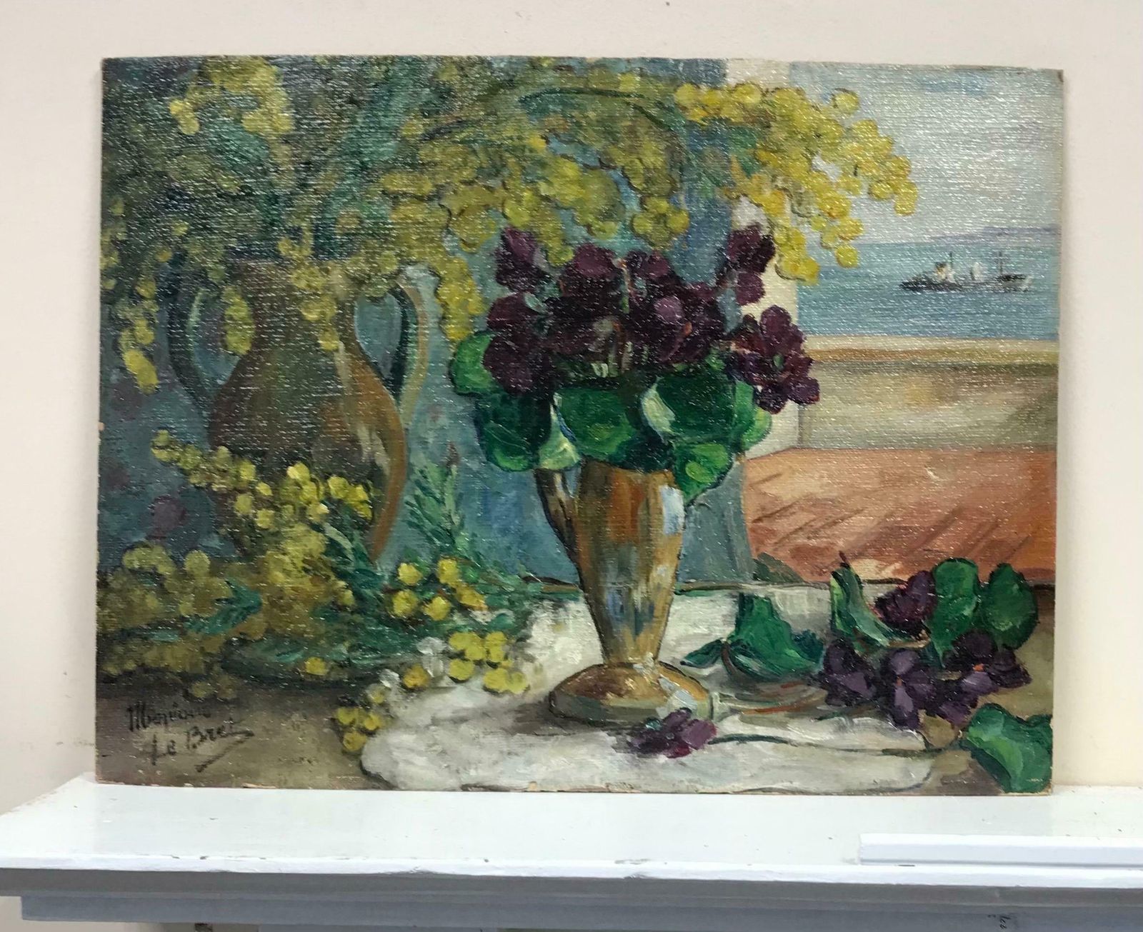 Monique Le Bretmid 20th Century French Oil   Balcony Over The Sea, Still Life With Flowers photo furniture