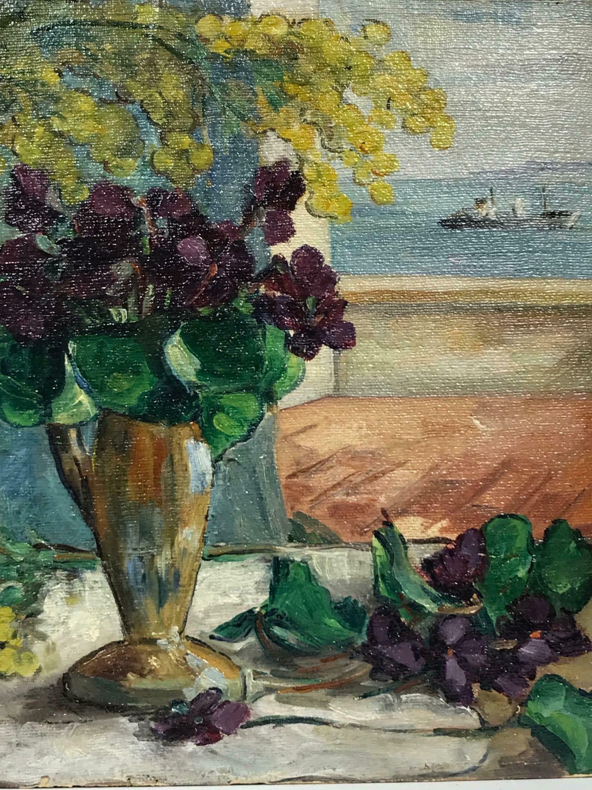 Monique Le Bretmid 20th Century French Oil   Balcony Over The Sea, Still Life With Flowers photo for sale