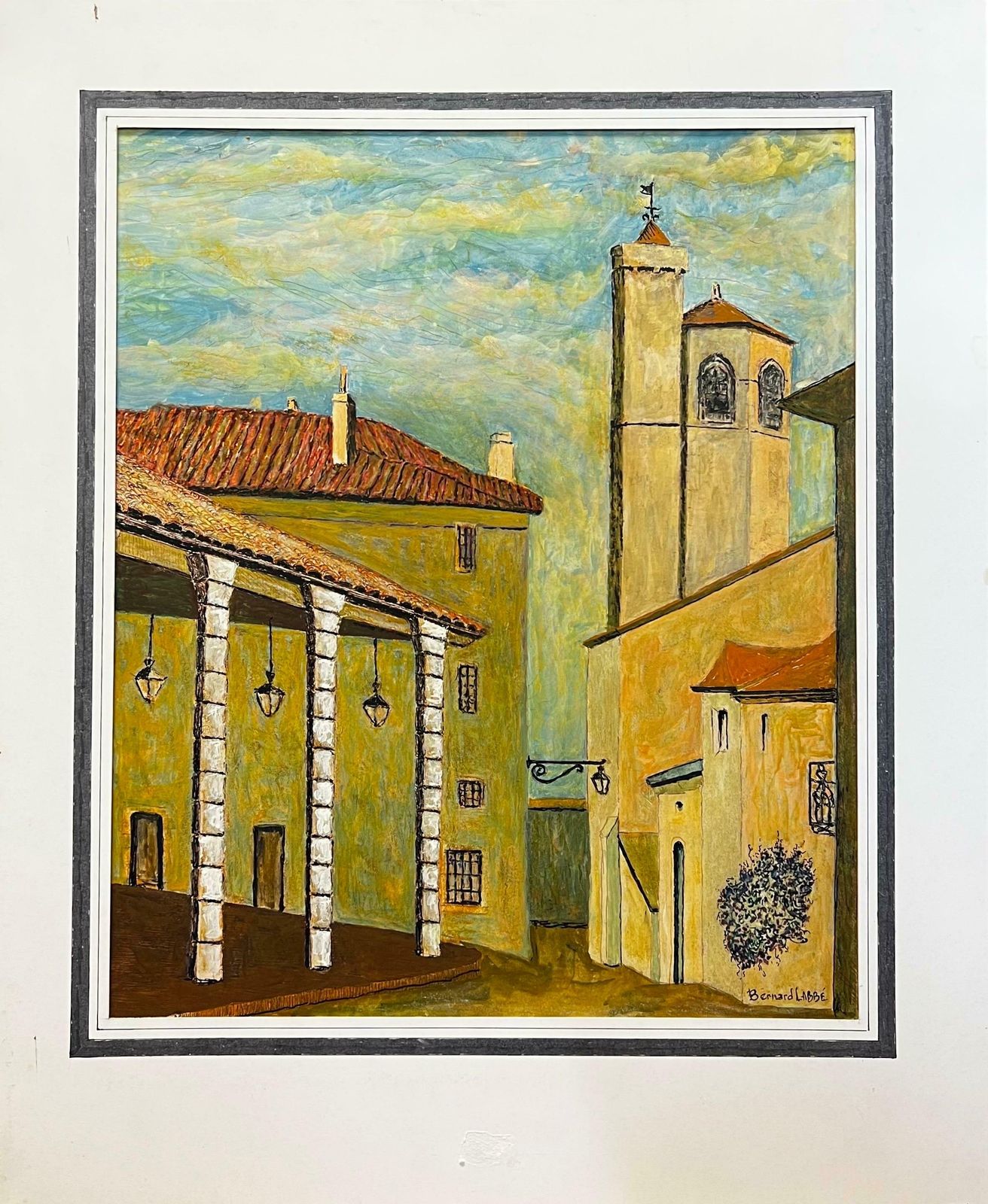 Bernard Labbe1950's Big Modernist/ Cubist Painting   Peaceful Backstreets Of French Village1950's photo furniture