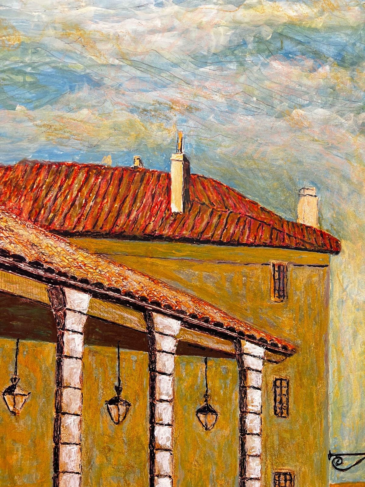 Bernard Labbe1950's Big Modernist/ Cubist Painting   Peaceful Backstreets Of French Village1950's photo Art