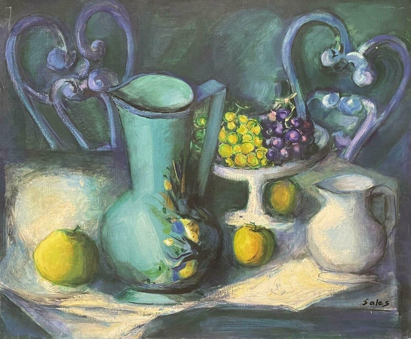 Robert Salessigned French Modernist Still Life Oil Painting Beautiful Teal & Yellow Colors