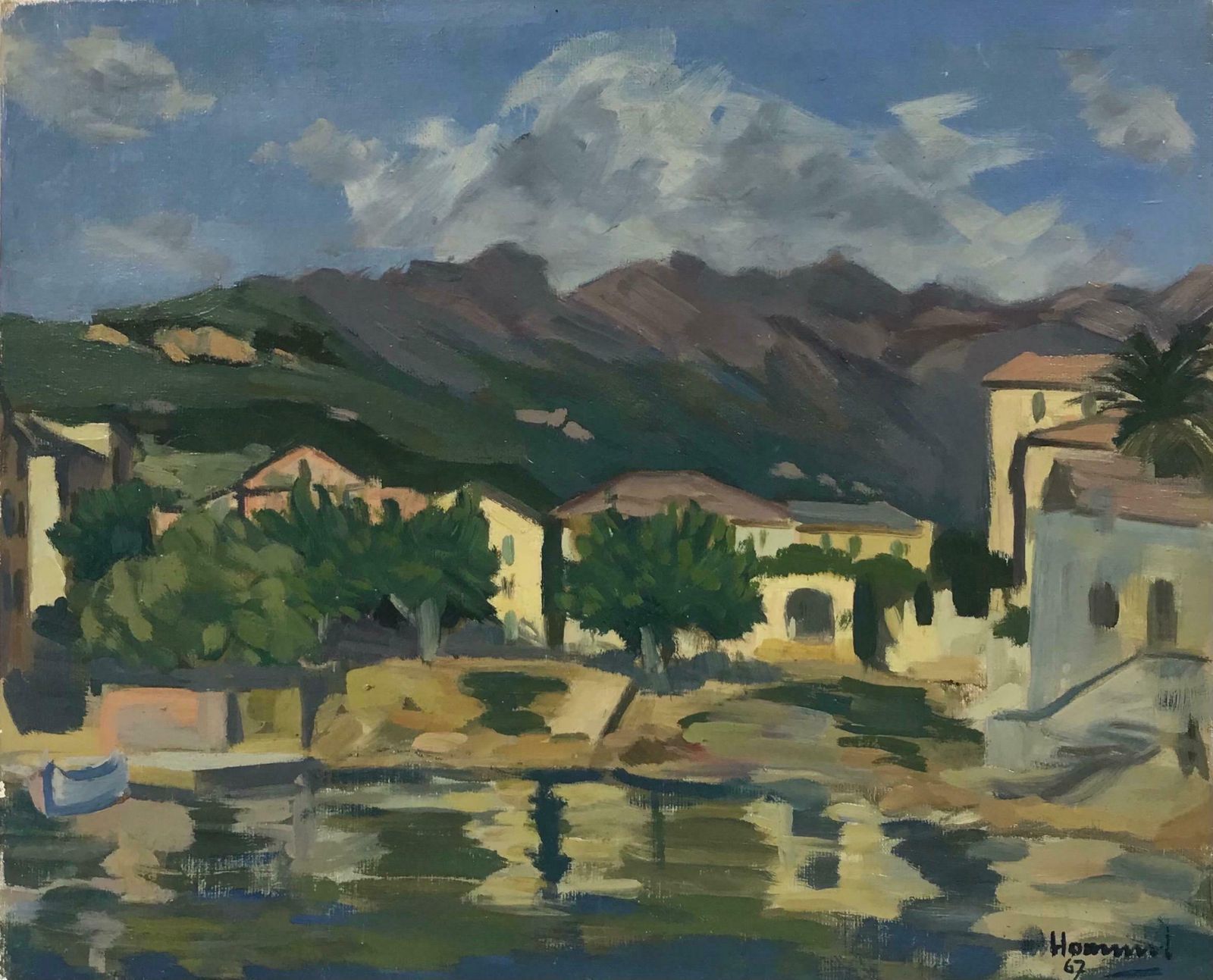 French School1960's French Post Impressionist Oil Painting South Of France Coastal Town Seac. 1967
