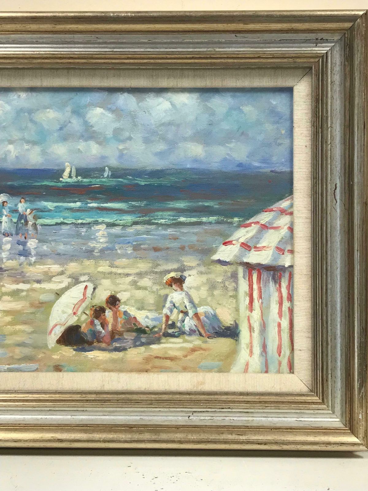 French Schoolfrench Impressionist Oil Elegant Figures On Beach Parasols & Tents photo for sale