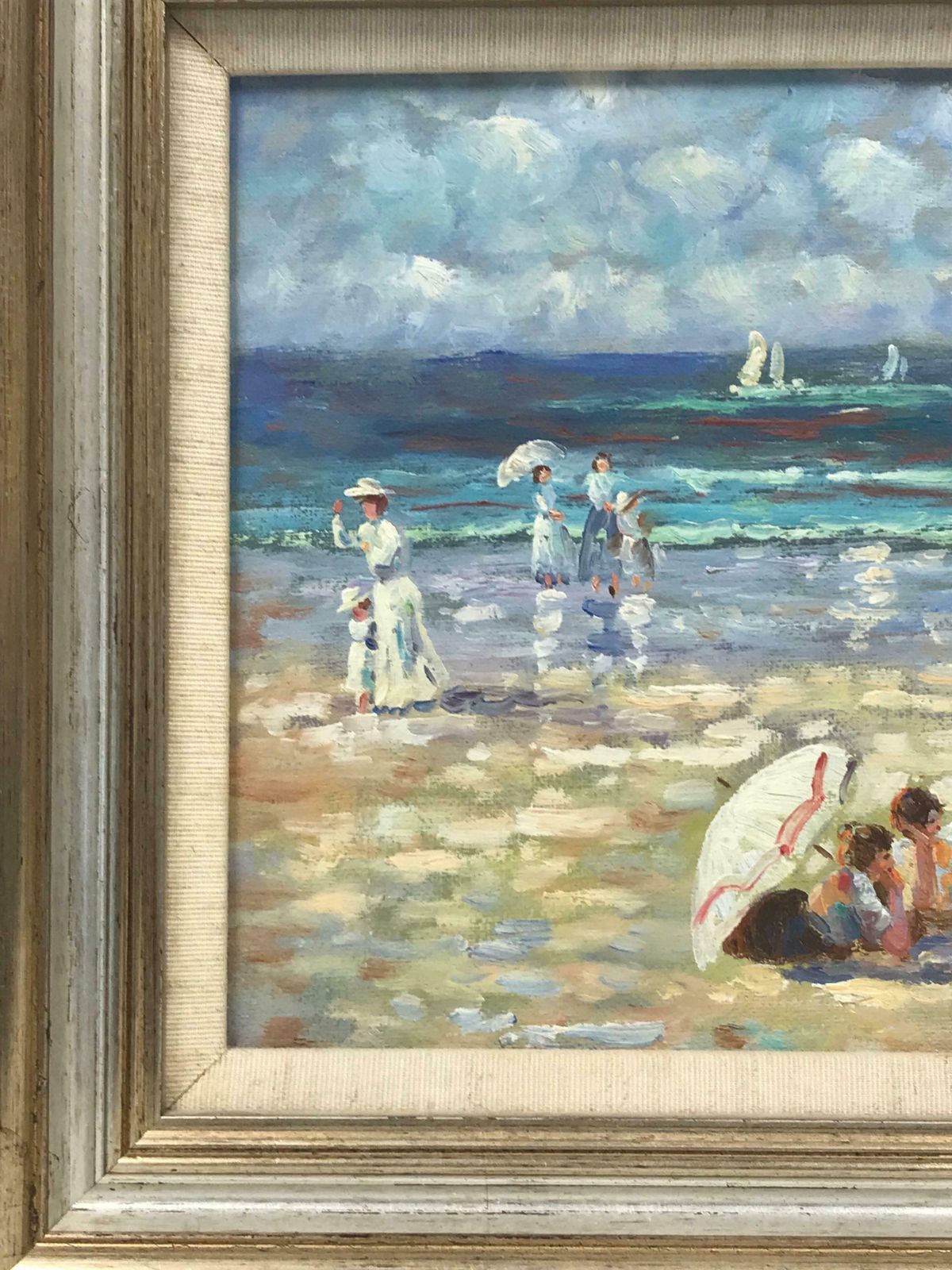 French Schoolfrench Impressionist Oil Elegant Figures On Beach Parasols & Tents photo Art