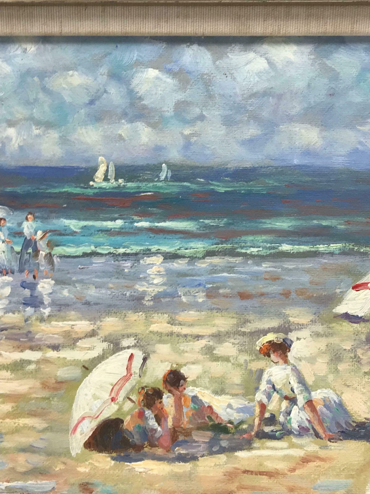 French Schoolfrench Impressionist Oil Elegant Figures On Beach Parasols & Tents photo 969.0