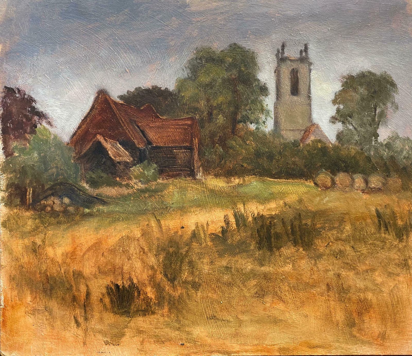 Barbera Doyle1970's Modern British Oil Painting   English Rural Church Golden Meadowsc. 1970's