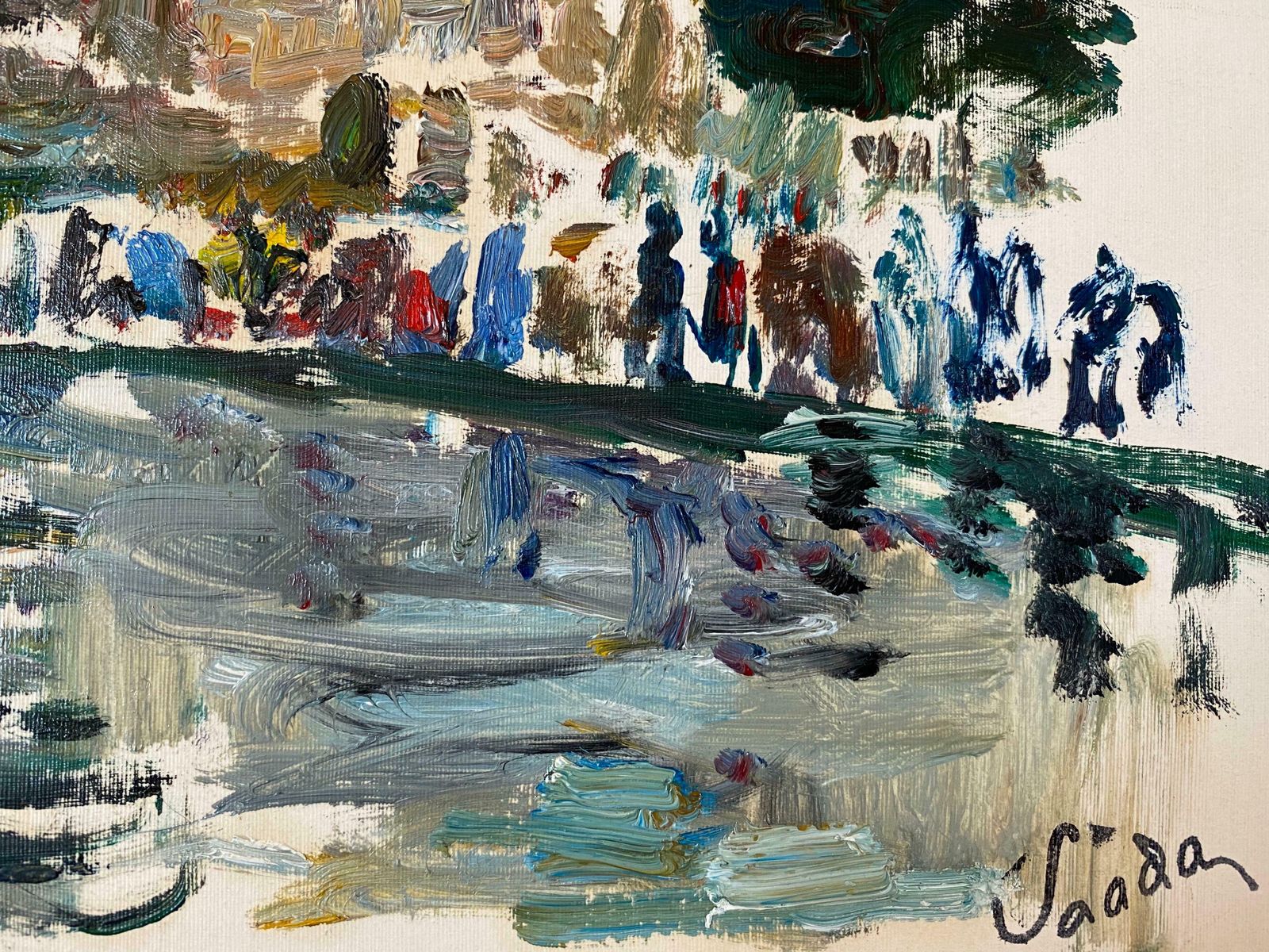 Saddaparisian Park Louvre Paris, Figures By Pond, Signed French Impressionist Oilc. 1980's photo for sale
