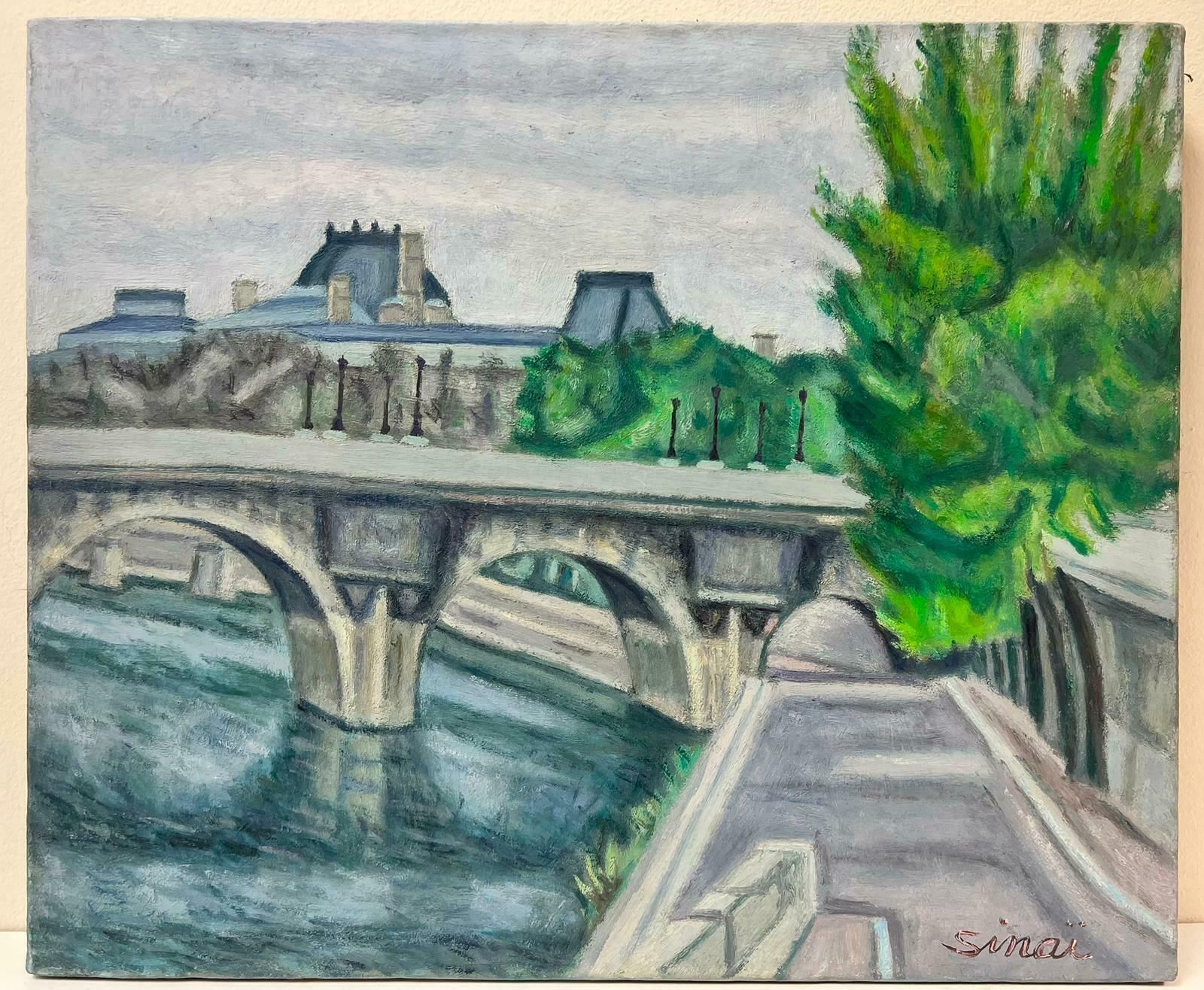 French Schoolriver Seine Paris City Skyline Bridge Over The River 1970's French Oil Painting photo furniture