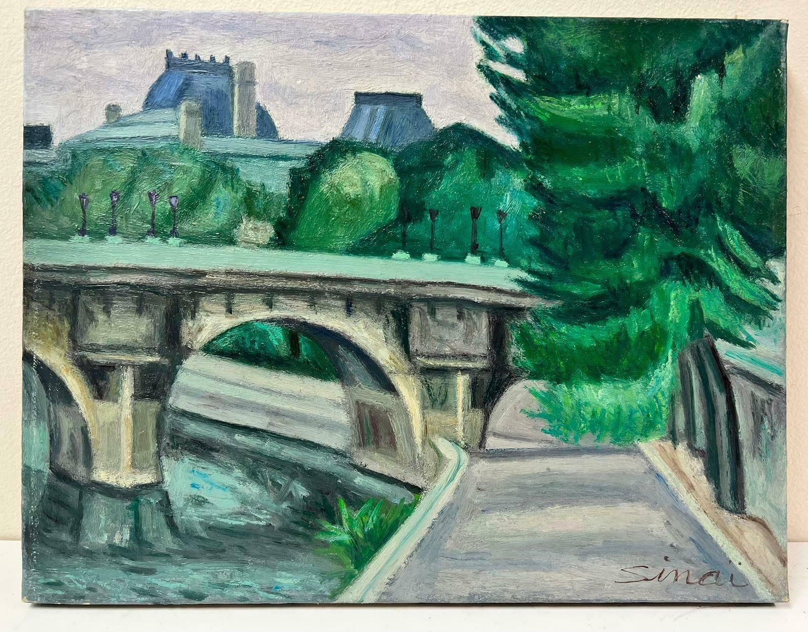 French Schoolthe River Seine Paris Old Stone Bridge With Trees 1970's French Oil Painting photo furniture