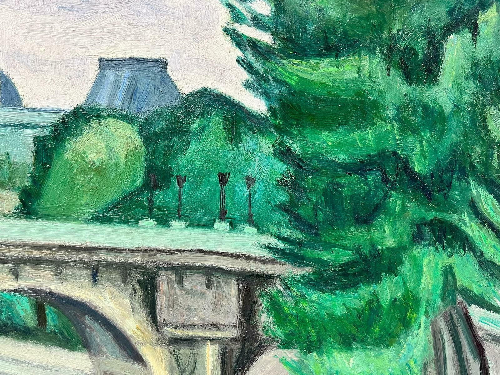 French Schoolthe River Seine Paris Old Stone Bridge With Trees 1970's French Oil Painting photo Art