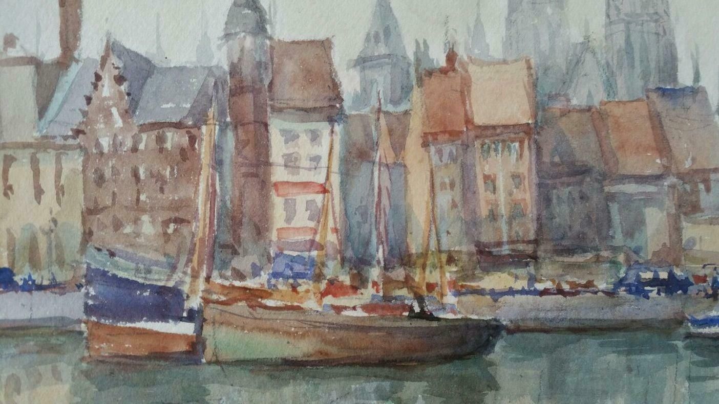 Leonard Machin Rowemid 20th Century Belgium, Ostend Church And Harbour1950's photo Art