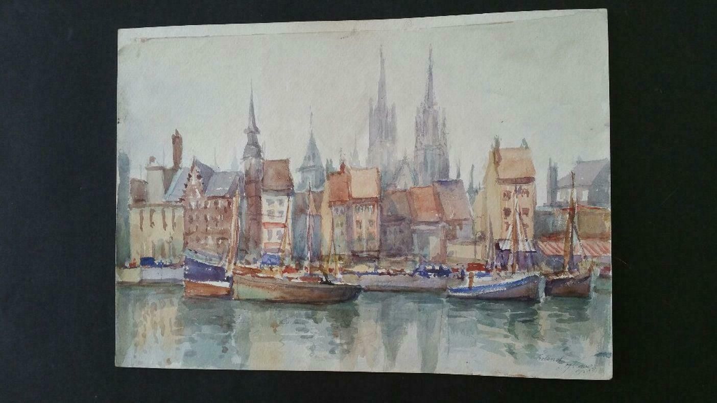 Leonard Machin Rowemid 20th Century Belgium, Ostend Church And Harbour1950's photo vintage