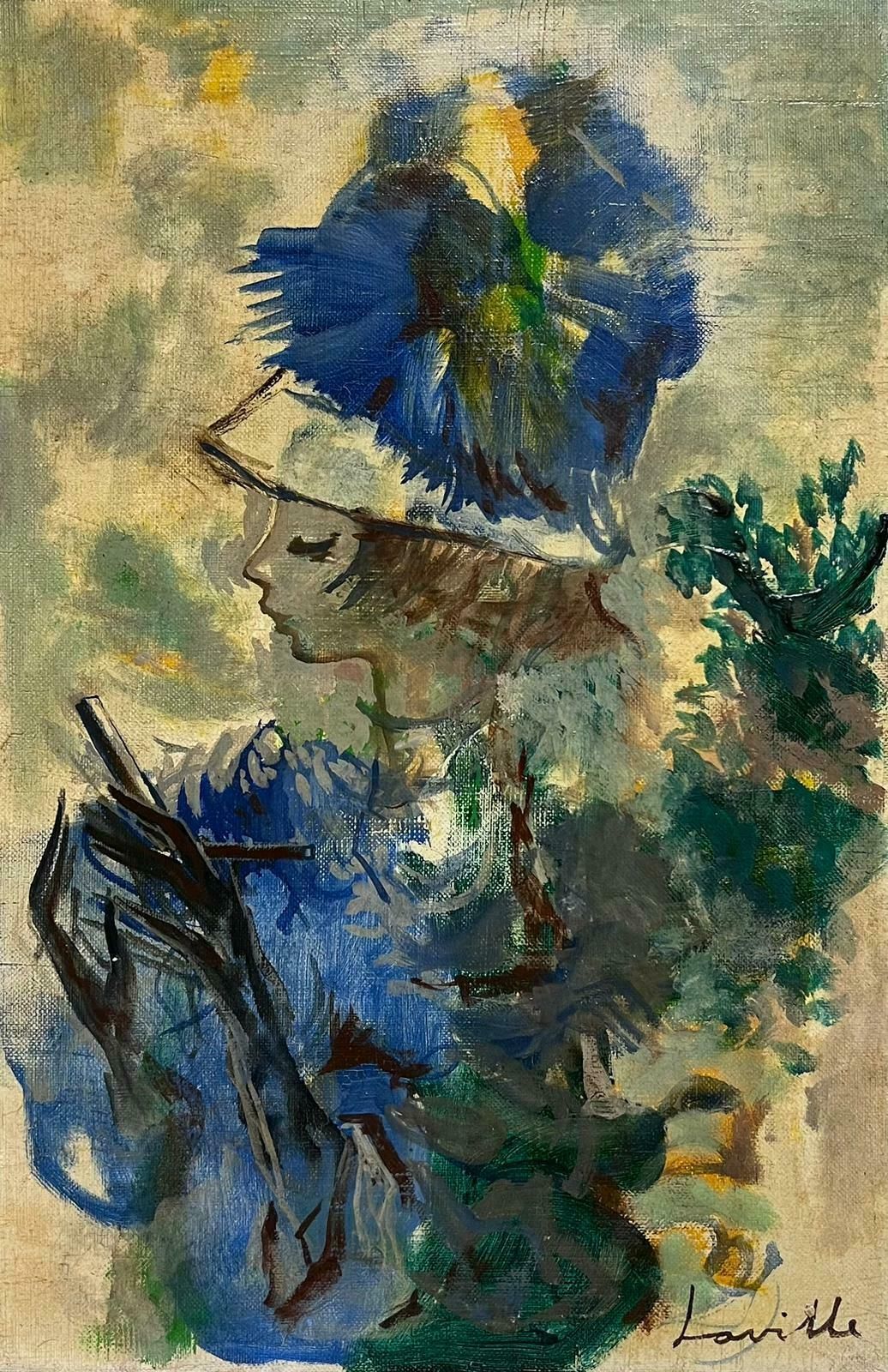 French School1960's French Signed Oil Portrait Of Young Lady In Blue Hat Modernist Style photo furniture