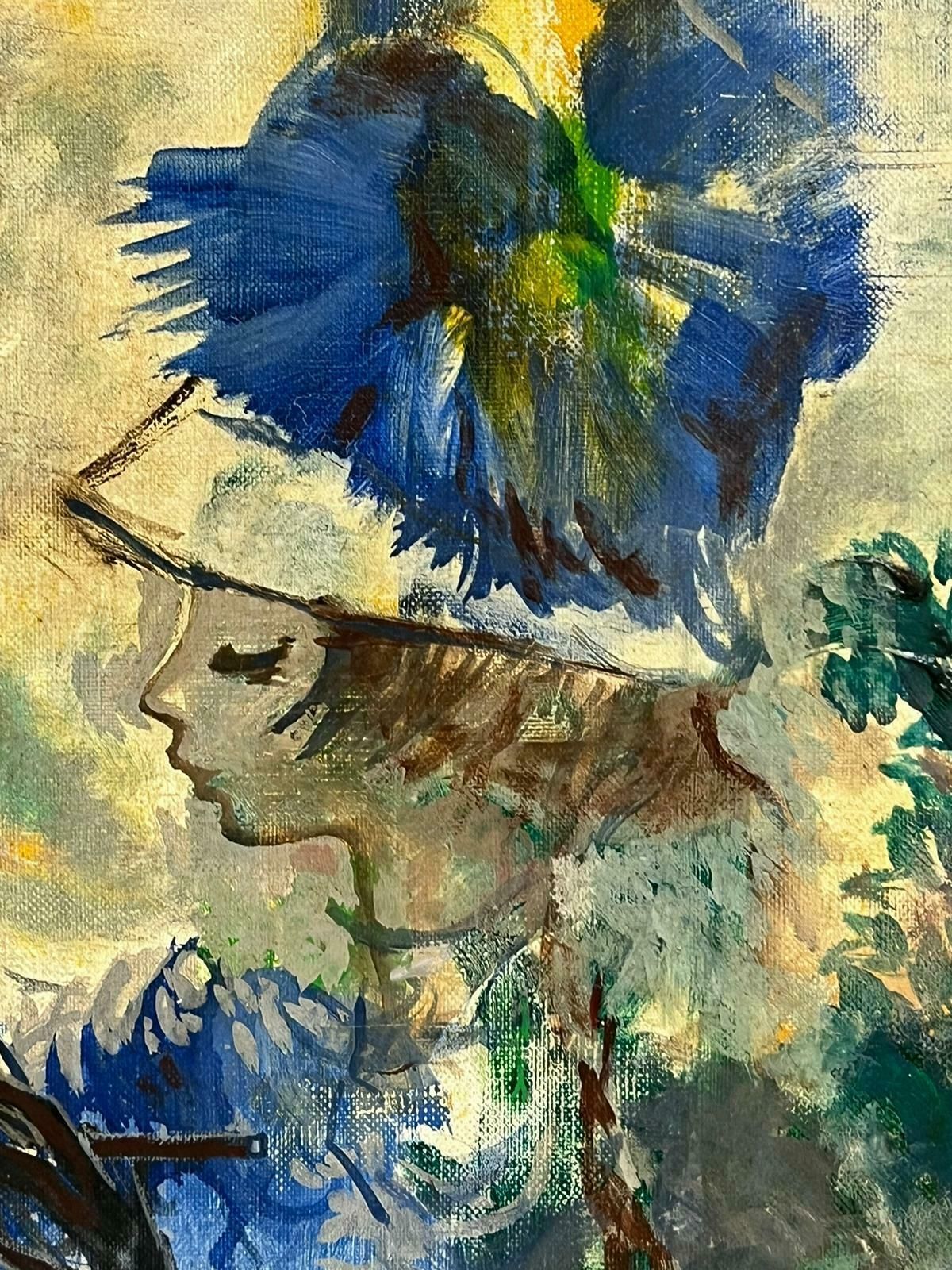 French School1960's French Signed Oil Portrait Of Young Lady In Blue Hat Modernist Style photo Art