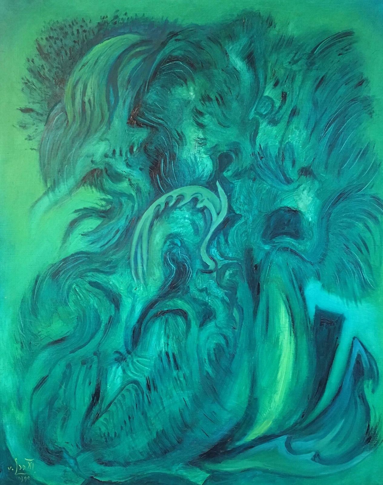 Gustave Von Looexpressive Abstract, Green Colour, Original Oil Painting, Signed1990