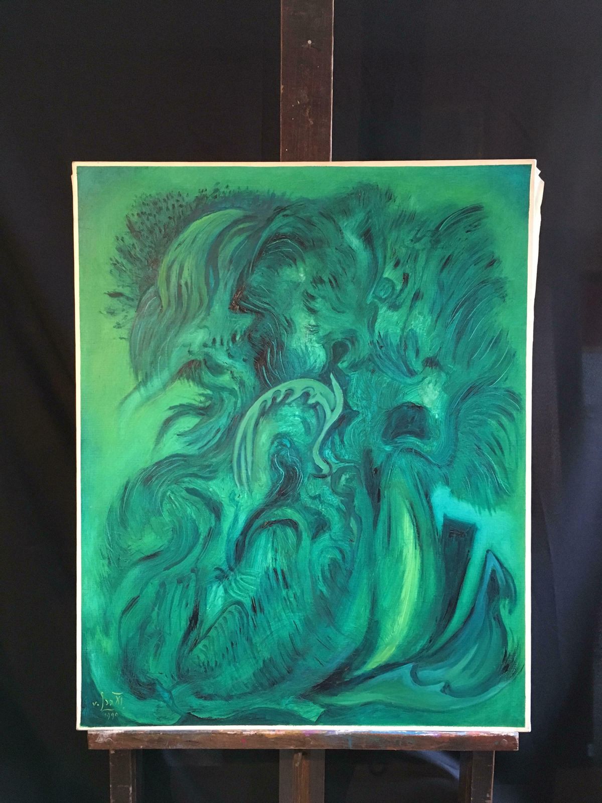 Gustave Von Looexpressive Abstract, Green Colour, Original Oil Painting, Signed1990 photo furniture