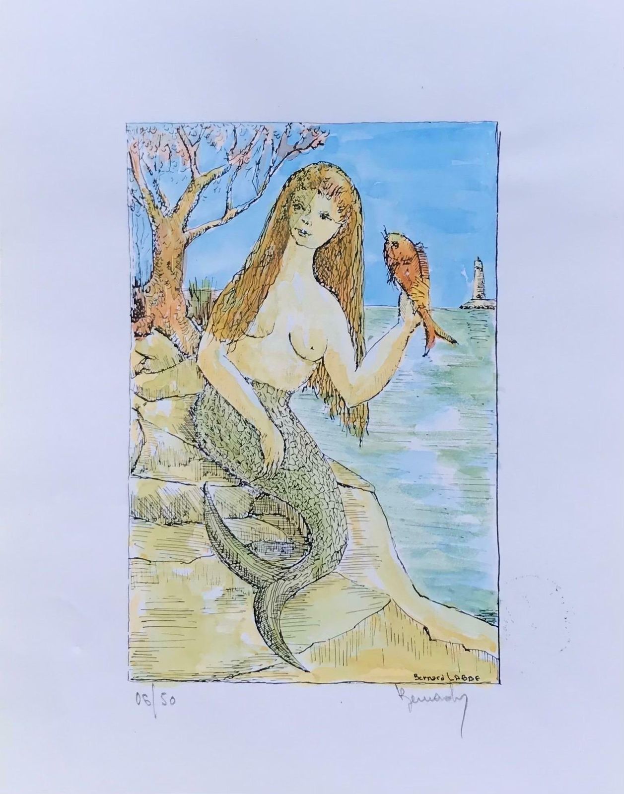 Bernard Labbe1950's Modernist/ Cubist Painting   Mermaid Figure On The Rocks1950's