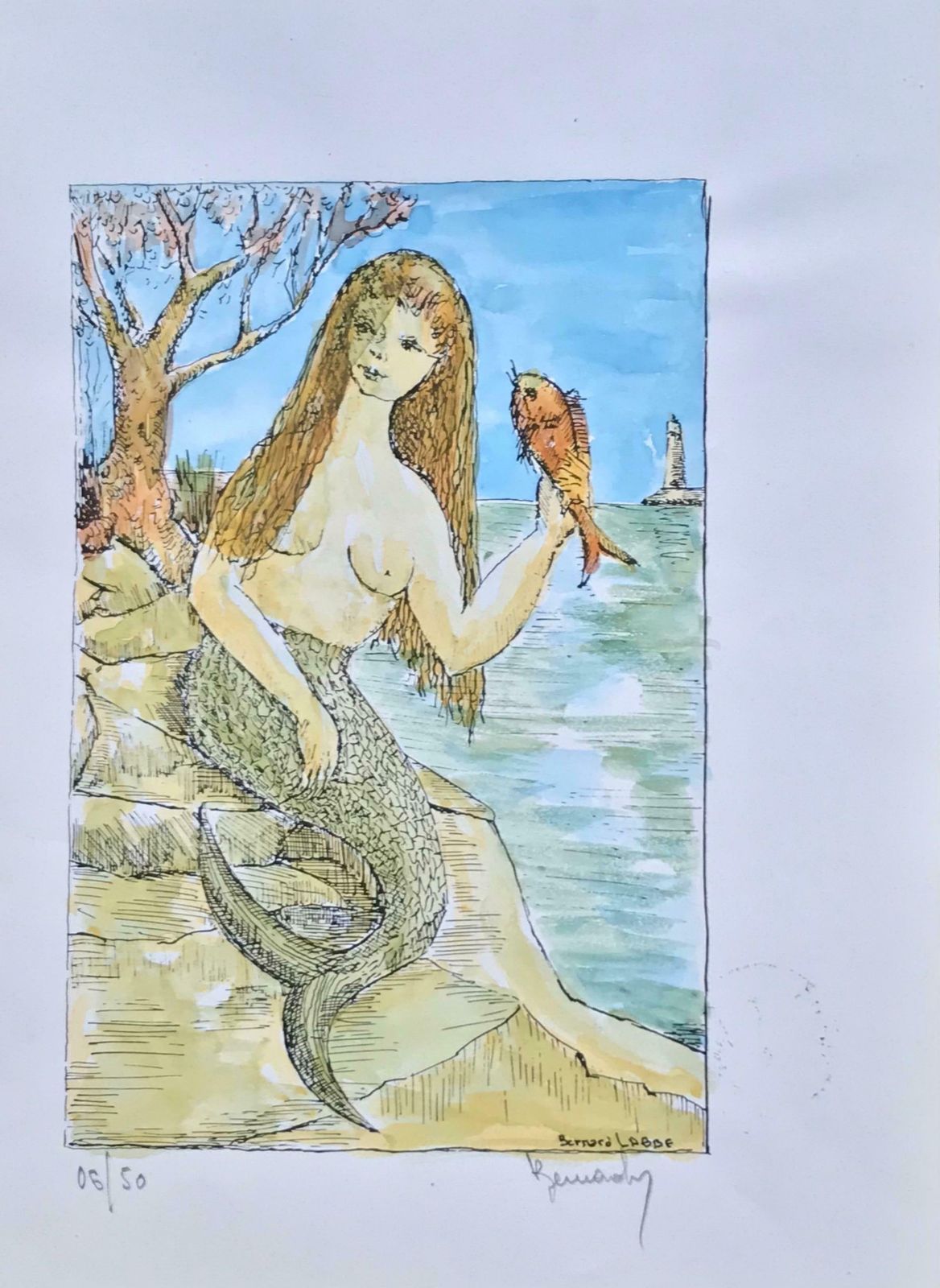 Bernard Labbe1950's Modernist/ Cubist Painting   Mermaid Figure On The Rocks1950's photo furniture