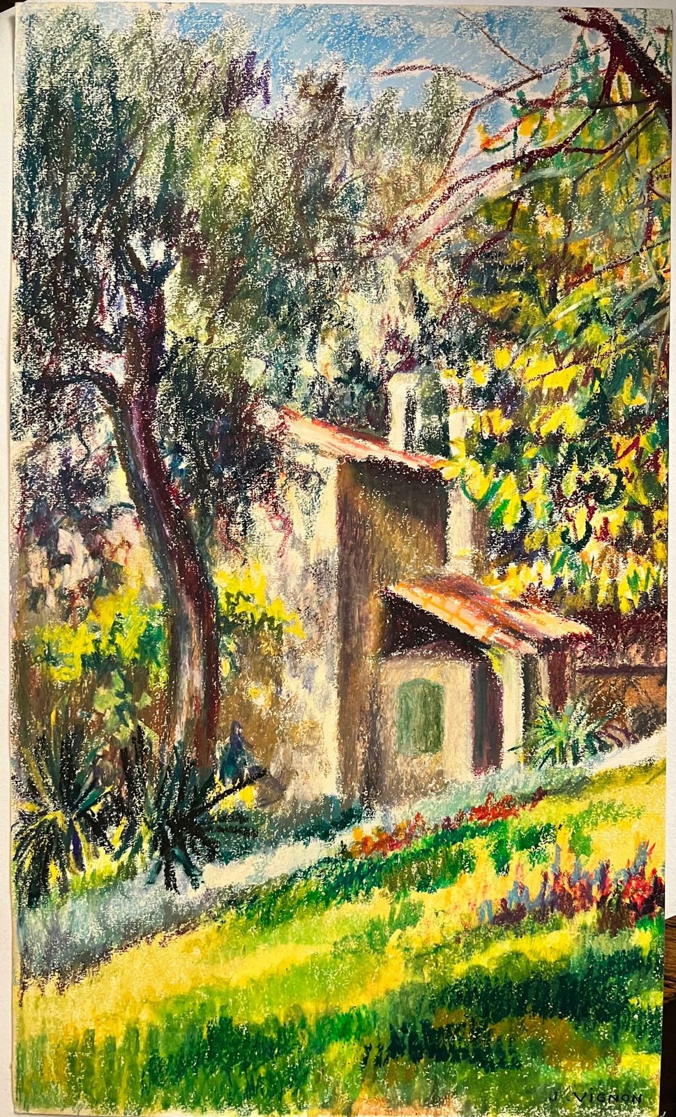 Josine Vignonfrench Impressionist Pastel Painting Sunlit Chateau Along The Path Landscape1960's photo furniture