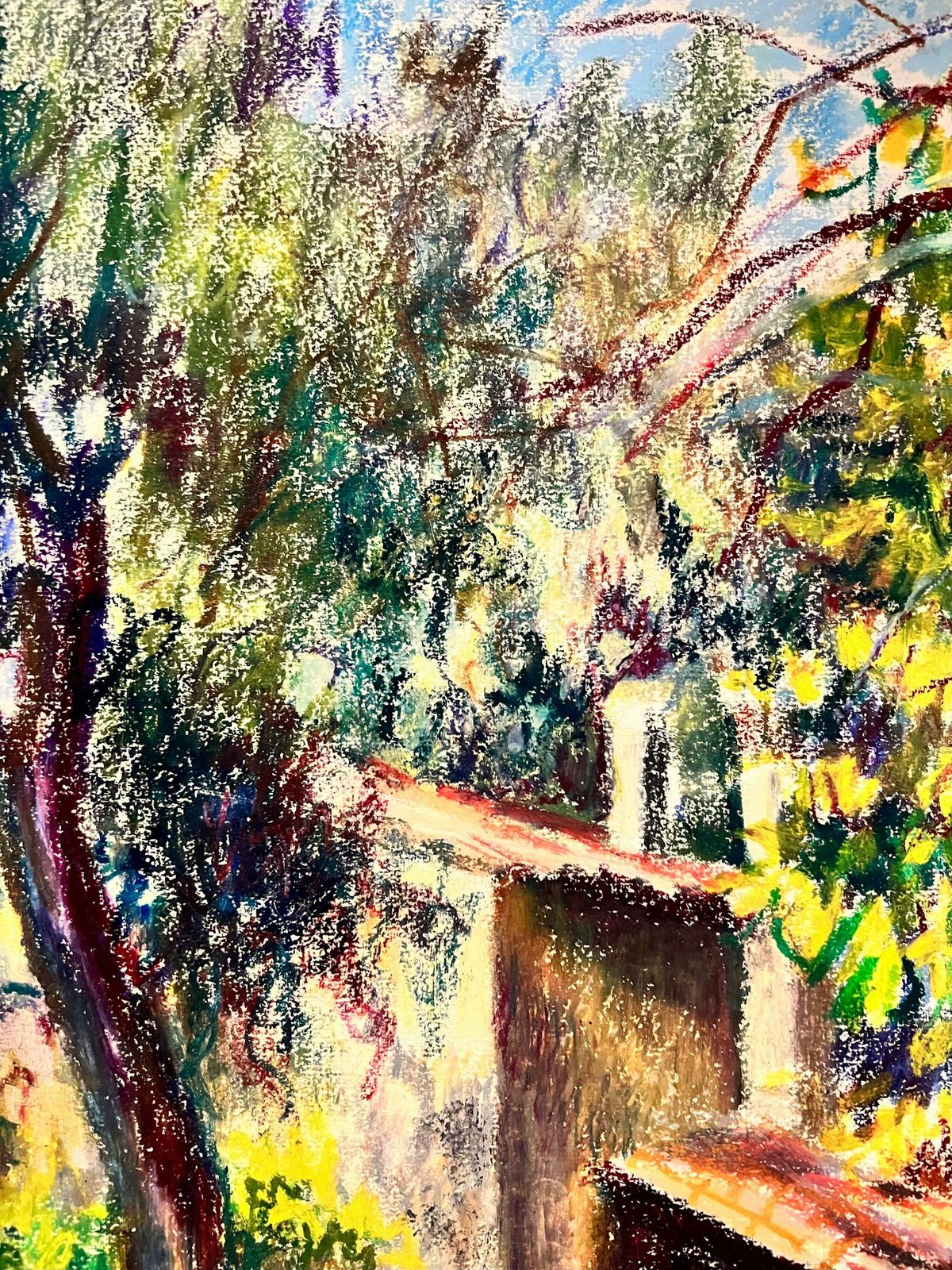 Josine Vignonfrench Impressionist Pastel Painting Sunlit Chateau Along The Path Landscape1960's photo for sale