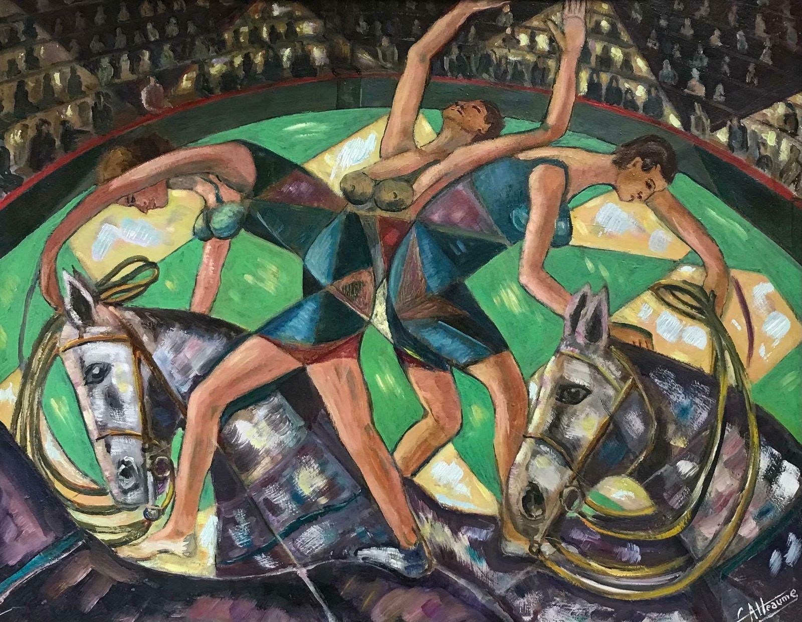 20th Century French Schoollarge French Signed Oil   Abstract Circus Performers Acrobats On Horsebackc. 1960's