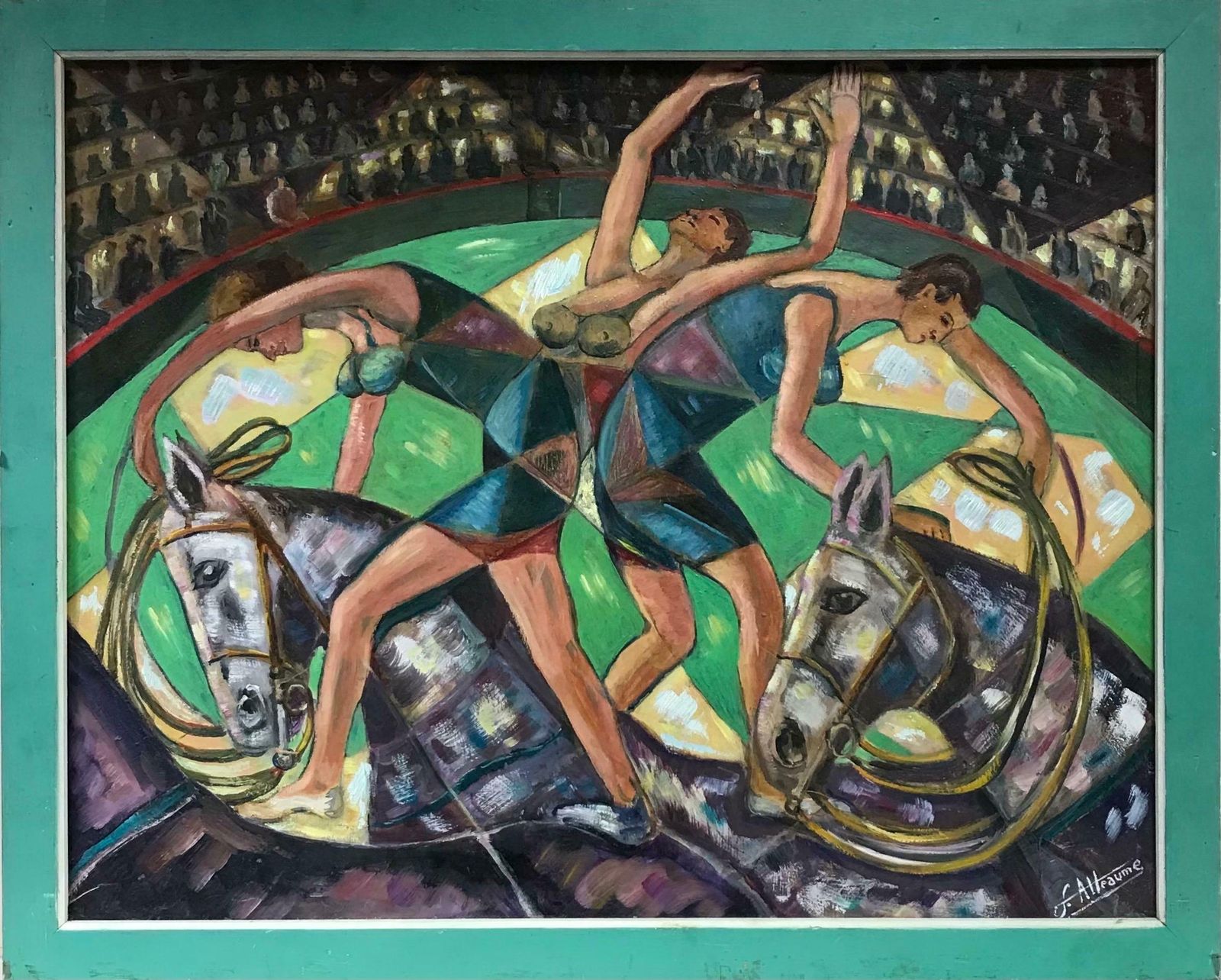 20th Century French Schoollarge French Signed Oil   Abstract Circus Performers Acrobats On Horsebackc. 1960's photo furniture