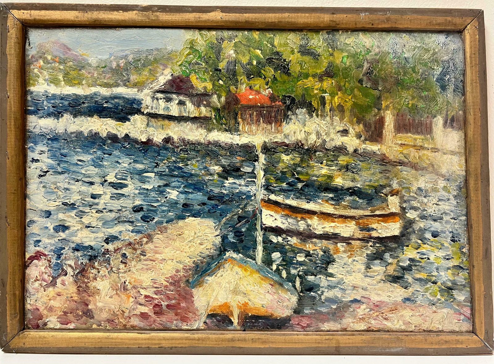 French School1900's French Impressionist Signed Oil Painting Boats In Harbour Double Sided photo furniture