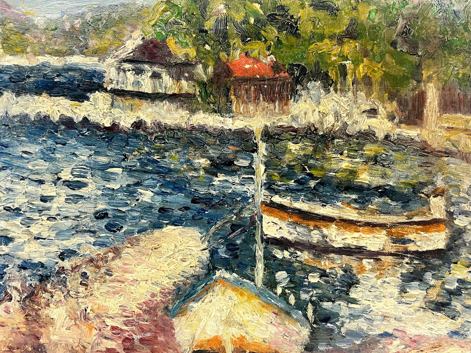 French School1900's French Impressionist Signed Oil Painting Boats In Harbour Double Sided photo for sale