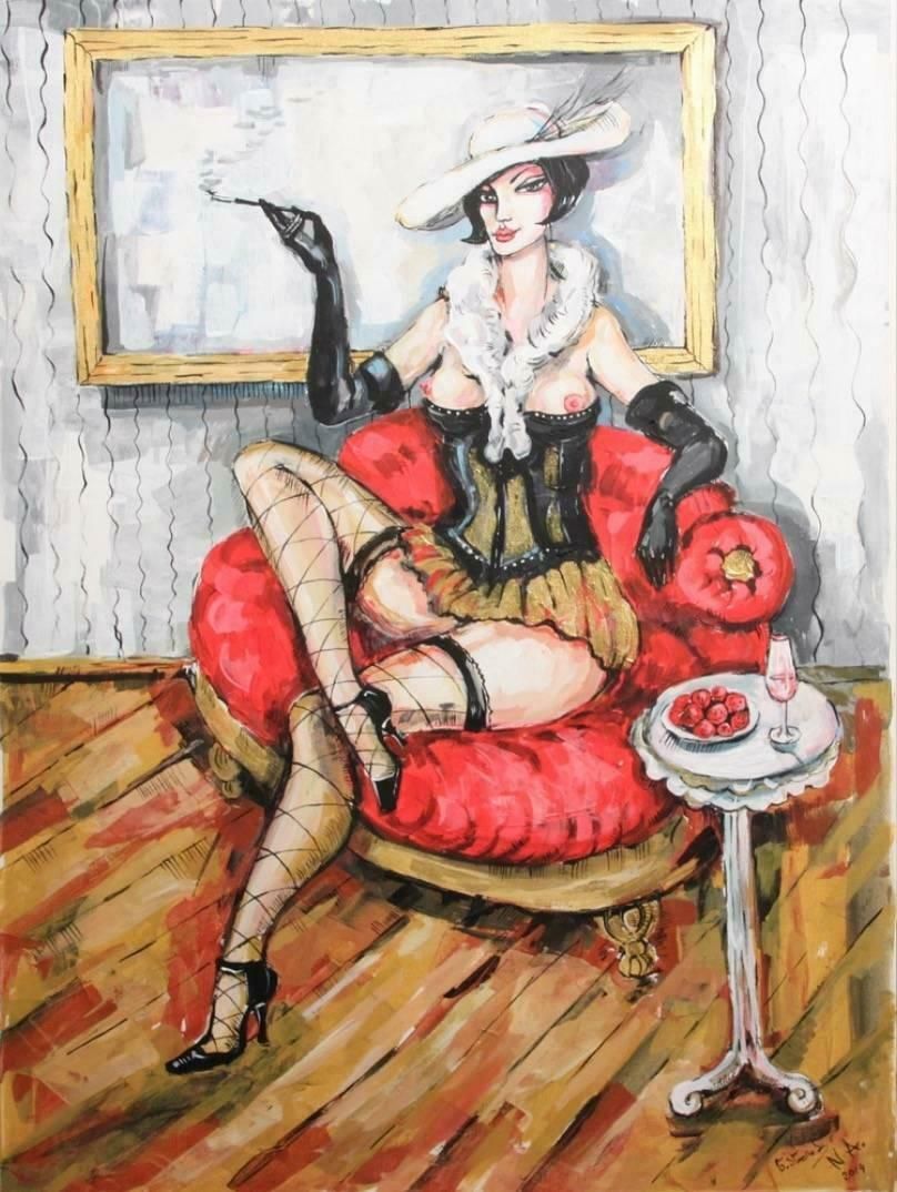 Natalia Antadzefemme De Petite Vertue à La Cigarette Signed Oil Paintingc.2014